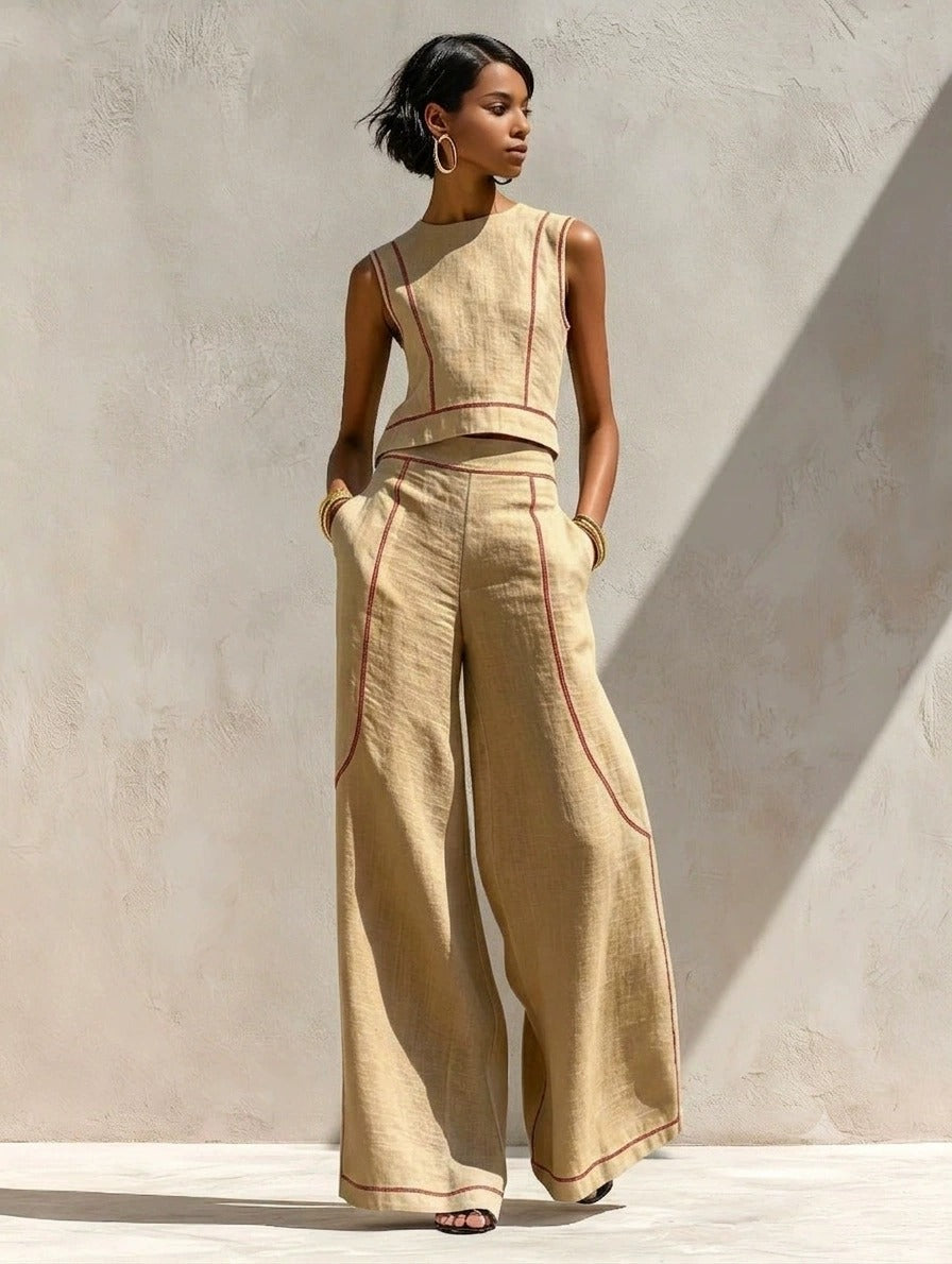 Women’s White and Black Minimalist Linen-Blend Round-Neck Sleeveless Regular Wide-Leg Pants Set
