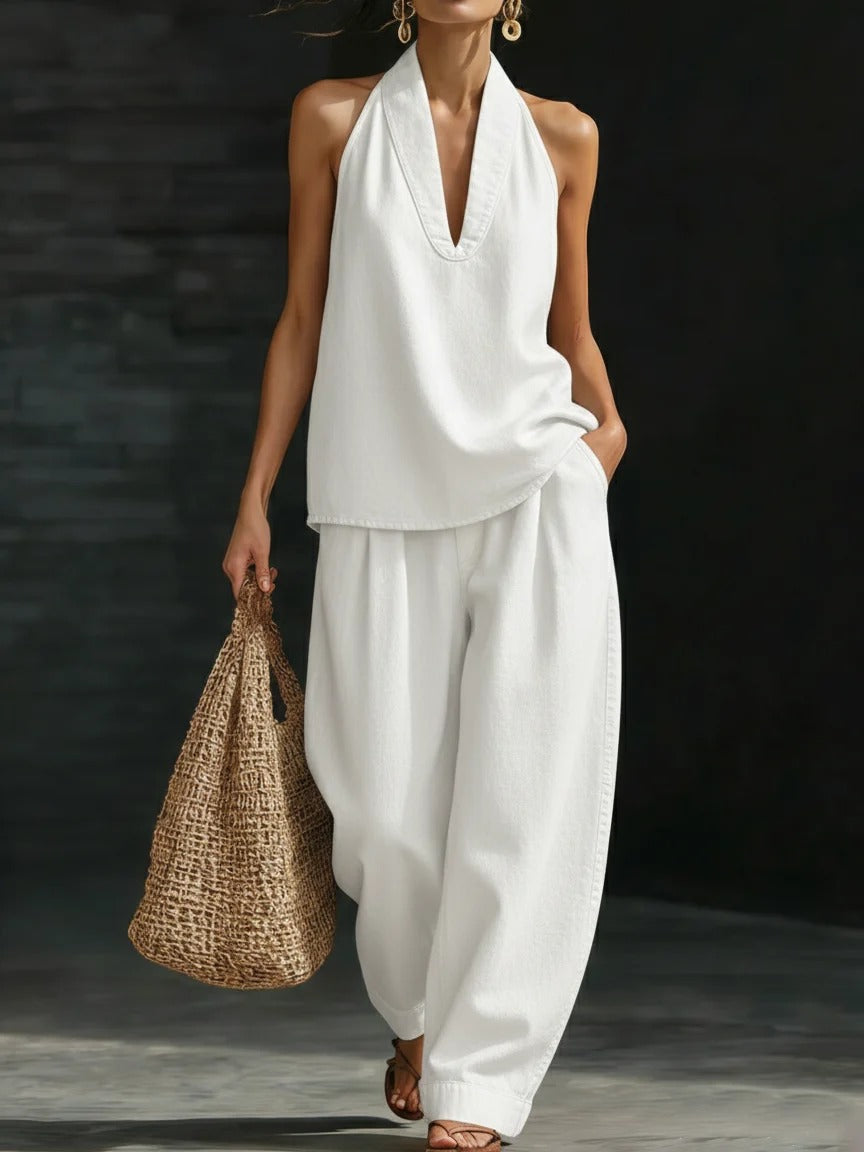 Women’s Light Blue Denim Halter Neck Top and Wide Leg Pants Set