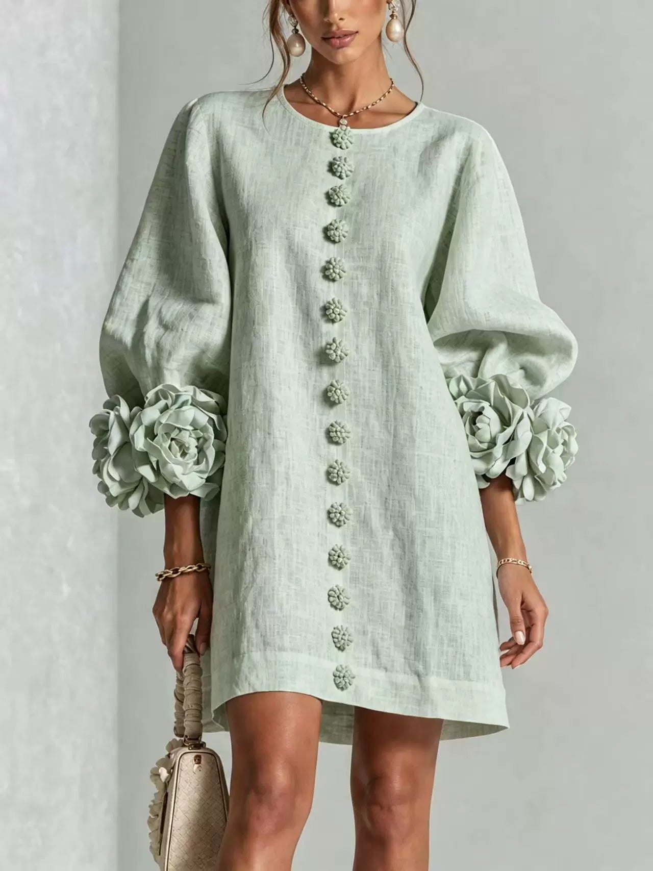 Women’s White Textured Floral Button Front Puff Sleeve Mini Dress