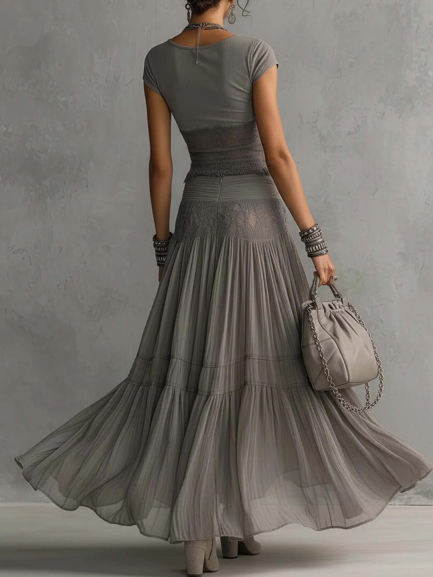 Women’s Gray Boho Sheer Textured Round Neck Cap Sleeve Two-Piece Flowing Maxi Dress