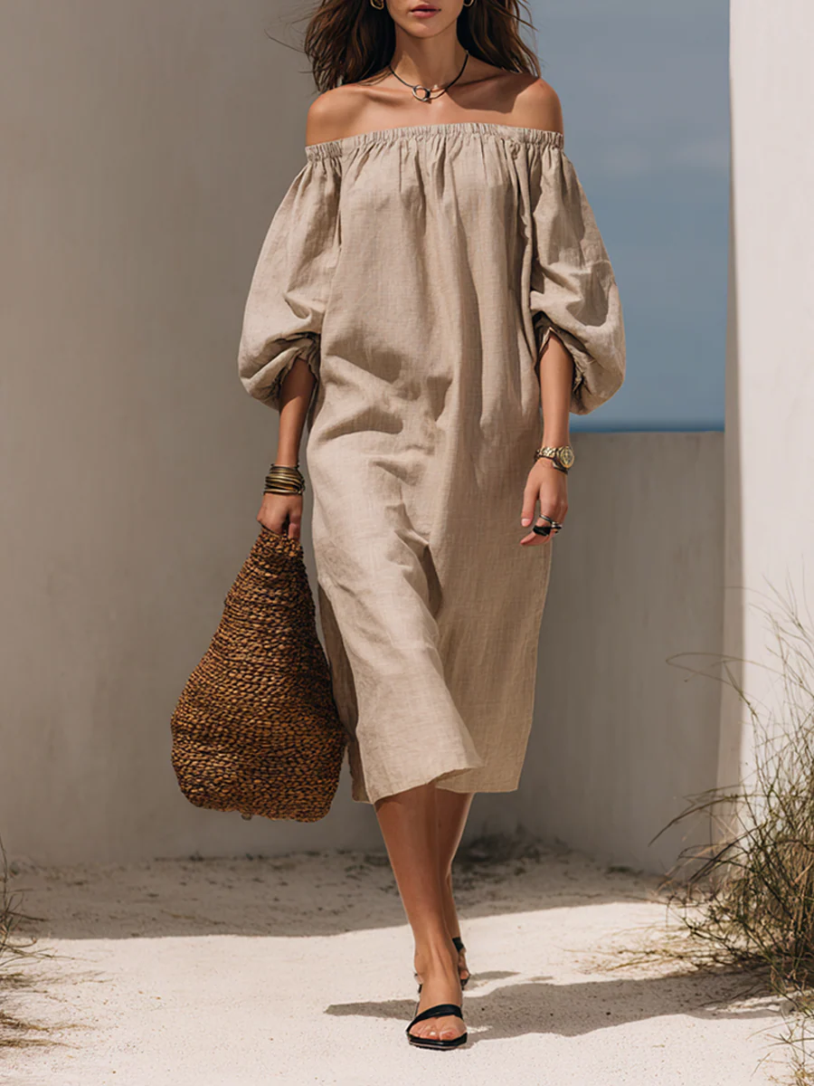 Women’s Beige Coastal Linen Blend Off-Shoulder Balloon Sleeve Relaxed Midi Dress