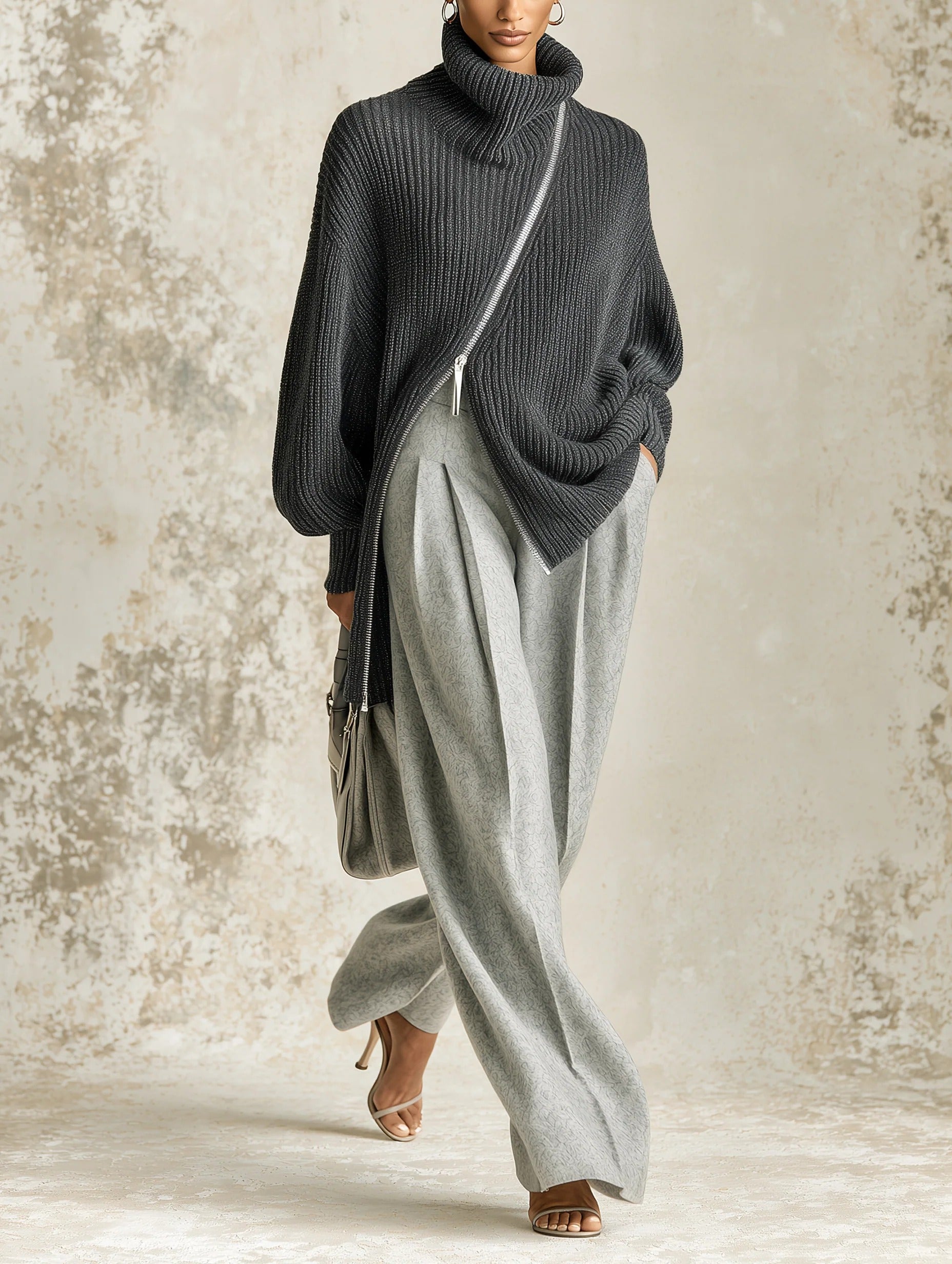 Women’s Gray Casual Ribbed Knit Turtleneck Long Sleeve Relaxed Two-Piece Pants Set