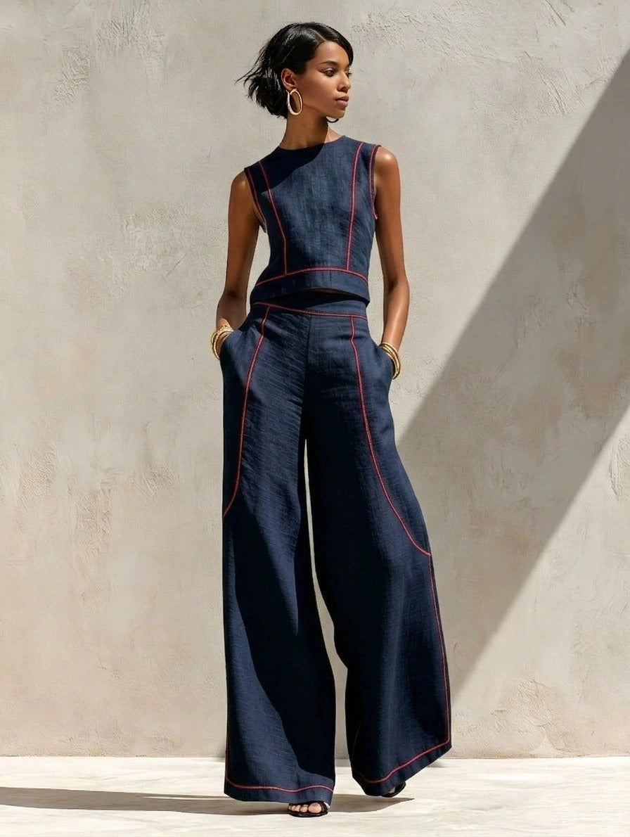 Women’s White and Black Minimalist Linen-Blend Round-Neck Sleeveless Regular Wide-Leg Pants Set