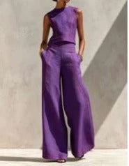 Women’s White and Black Minimalist Linen-Blend Round-Neck Sleeveless Regular Wide-Leg Pants Set