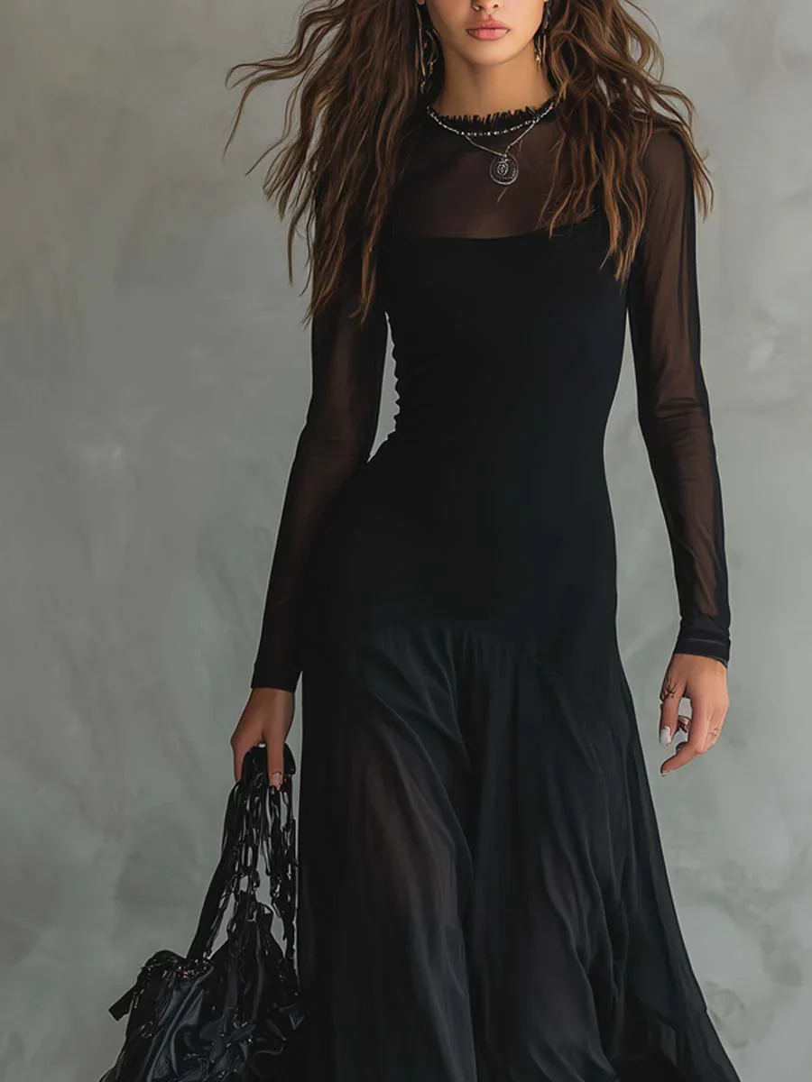 Women’s Black Edgy Mesh High Neck Sheer Sleeve Flowy Maxi Dress