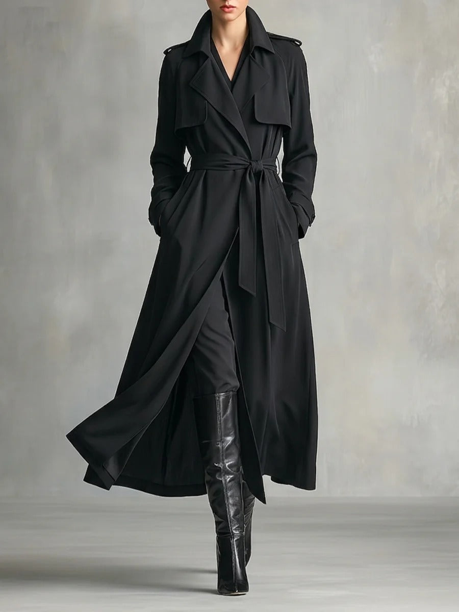 Women’s Black Elegant Cotton Blend Notch Lapel Long Sleeve Regular Maxi Trench Coat