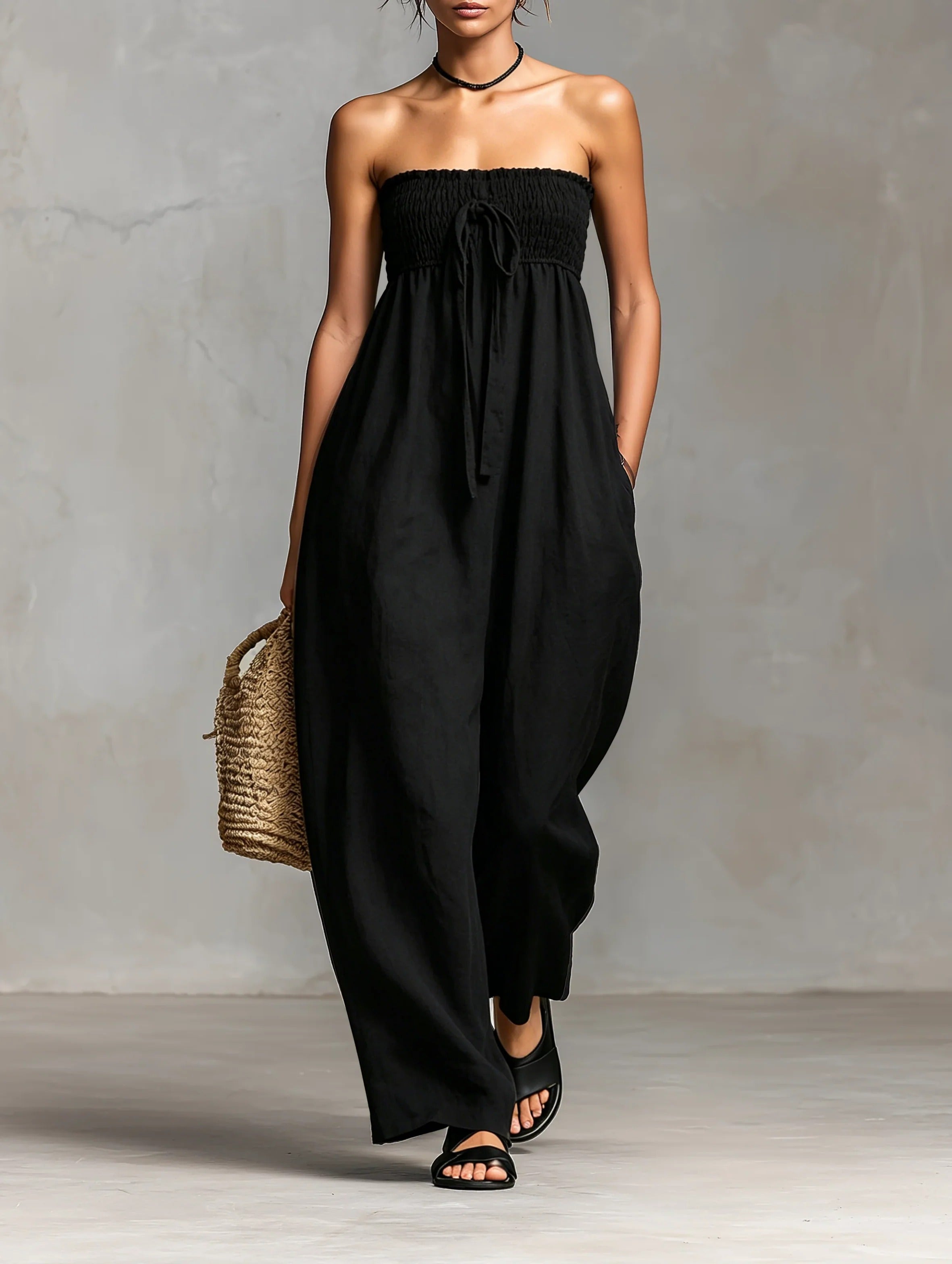 Women’s Black Minimalist Linen Blend Strapless Sleeveless Loose Full-Length Jumpsuit with Tie Front
