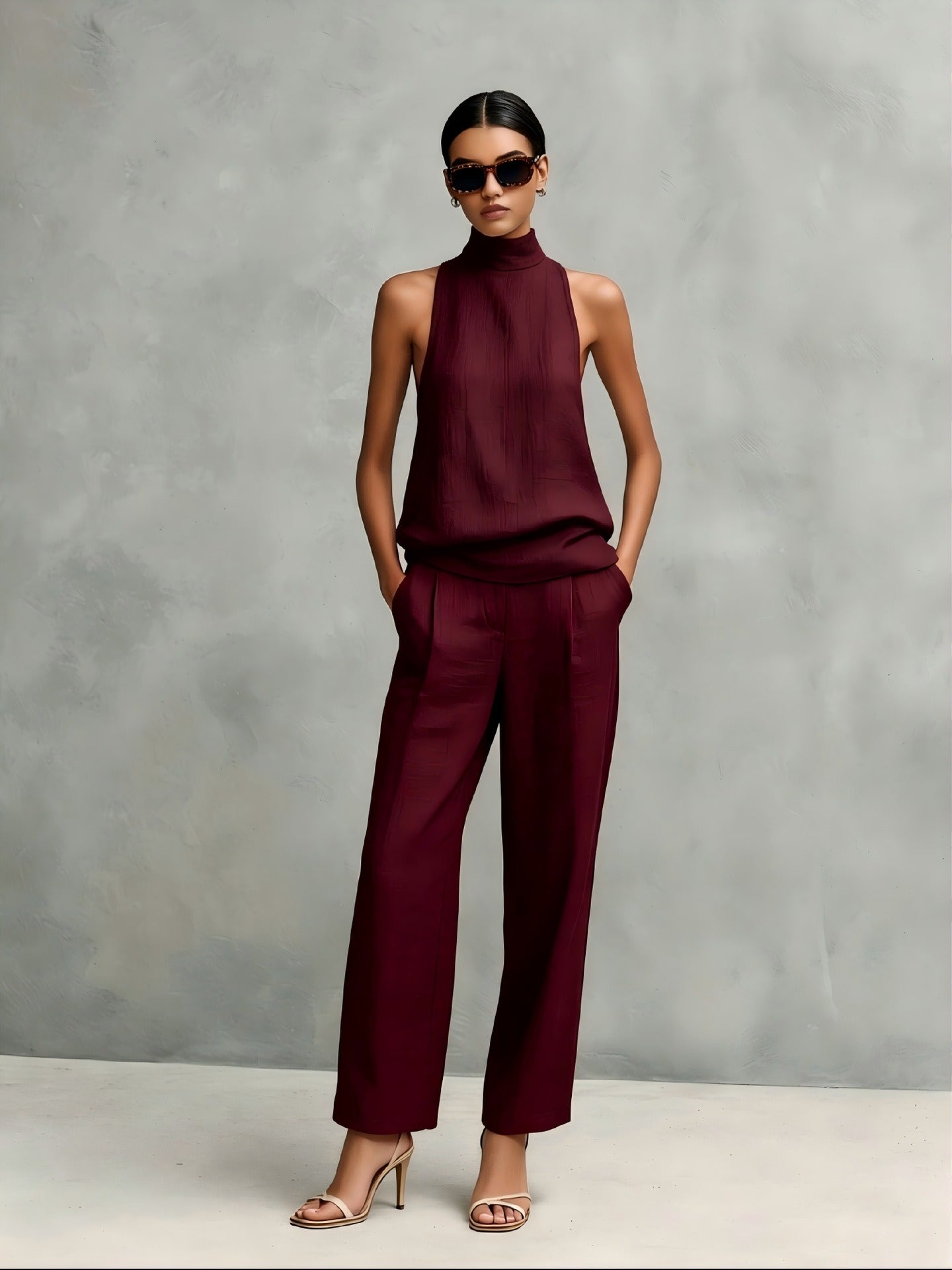 Women’s Black and White Elegant Cotton-Linen Blend Round-Neck Sleeveless Regular Full-Length Pants Set