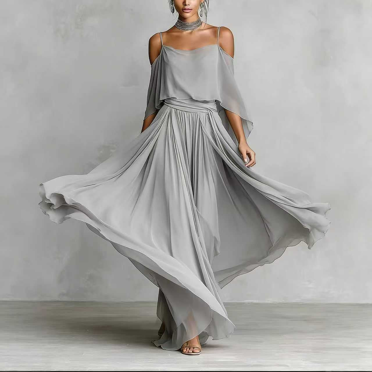 Women’s Gray Elegant Chiffon Cowl Neck Cold-Shoulder Regular Maxi Dress