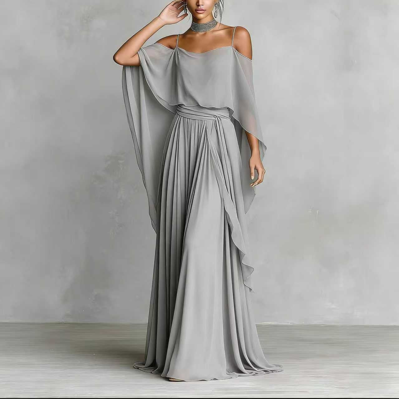 Women’s Gray Elegant Chiffon Cowl Neck Cold-Shoulder Regular Maxi Dress