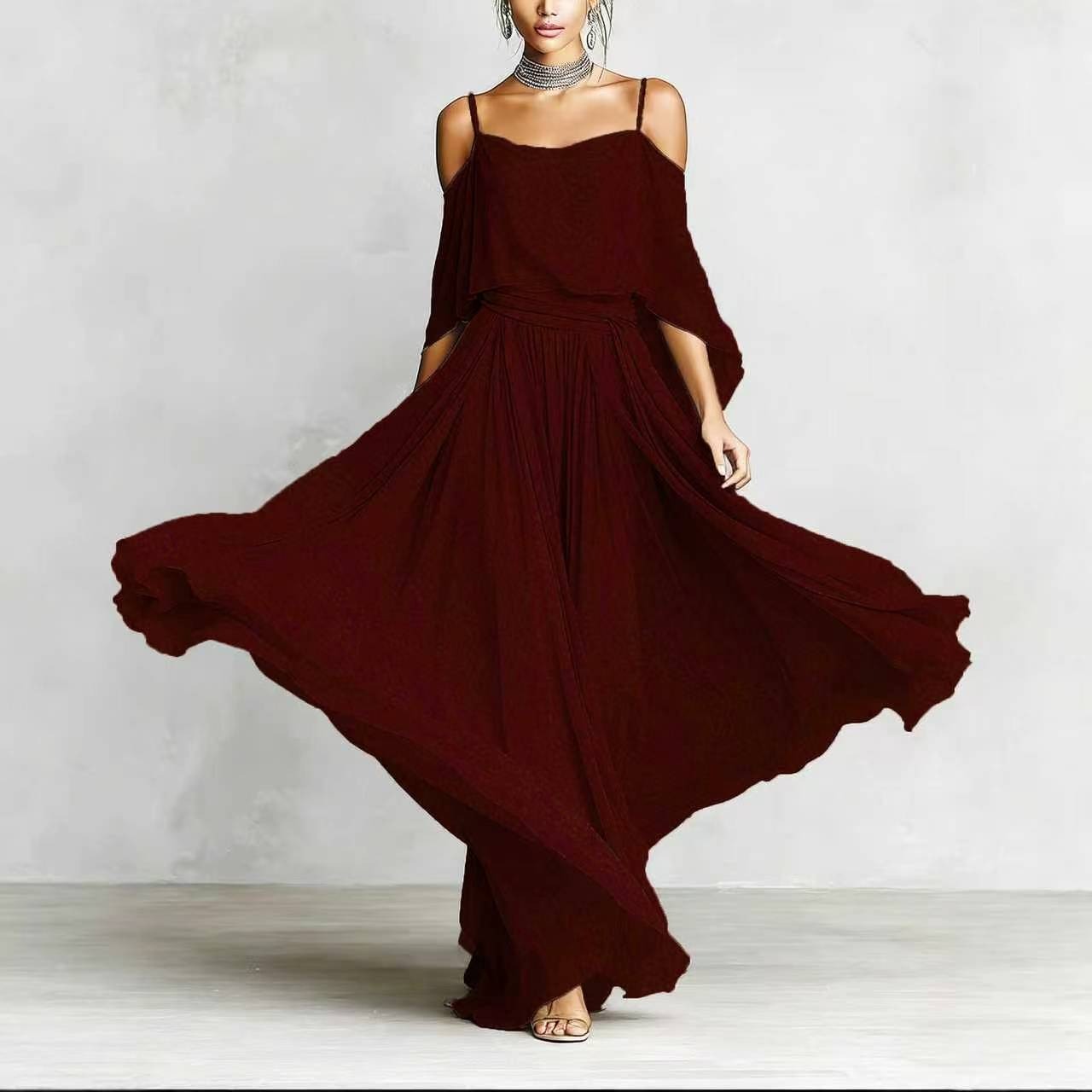 Women’s Gray Elegant Chiffon Cowl Neck Cold-Shoulder Regular Maxi Dress