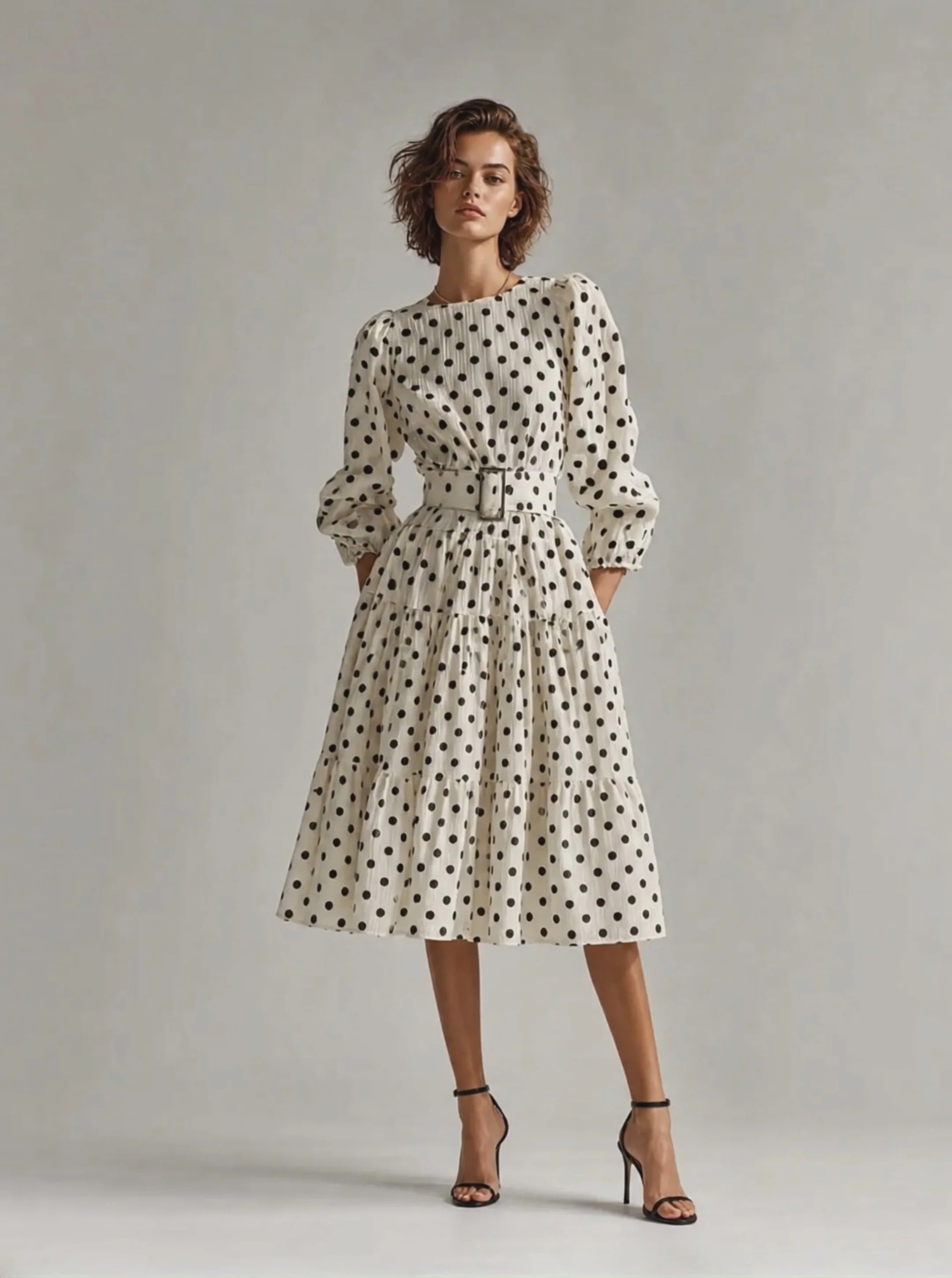Women’s Off-white & Black Polka-Dot Vintage Chiffon Round Neck Long Sleeve Regular Midi Dress