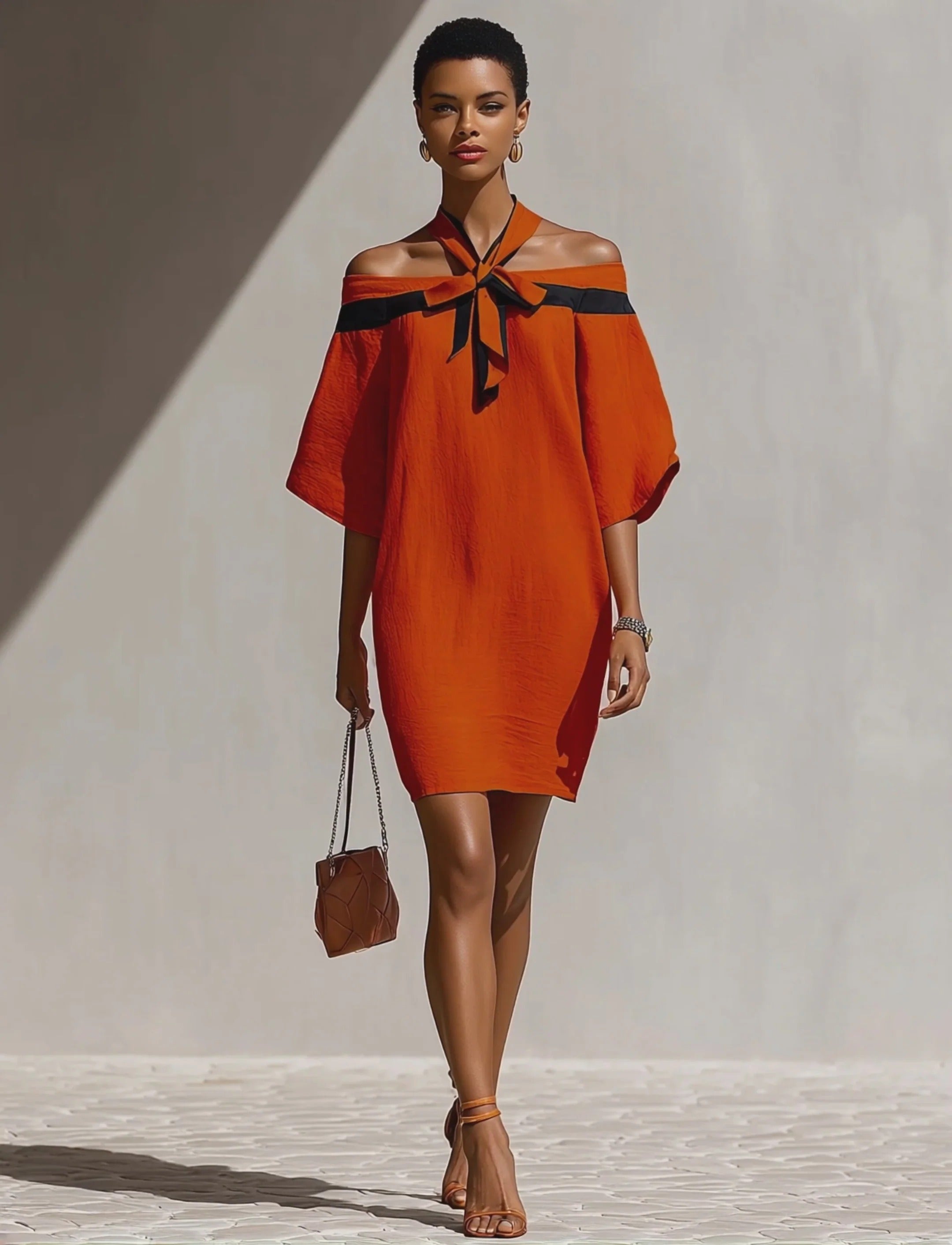 Women’s Orange Casual Linen blend Off-Shoulder Half Sleeve Relaxed Mini Dress