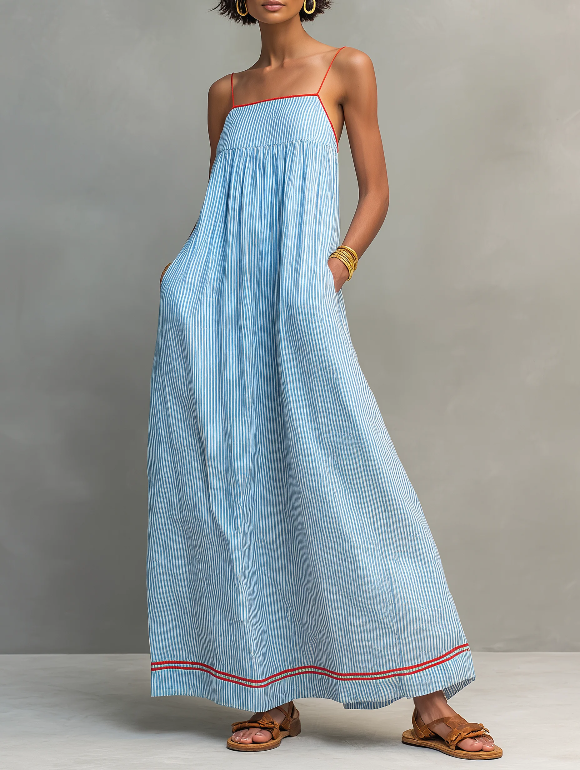 Women’s Blue Striped Coastal Blend Square Neck Spaghetti Strap Relaxed Maxi Dress