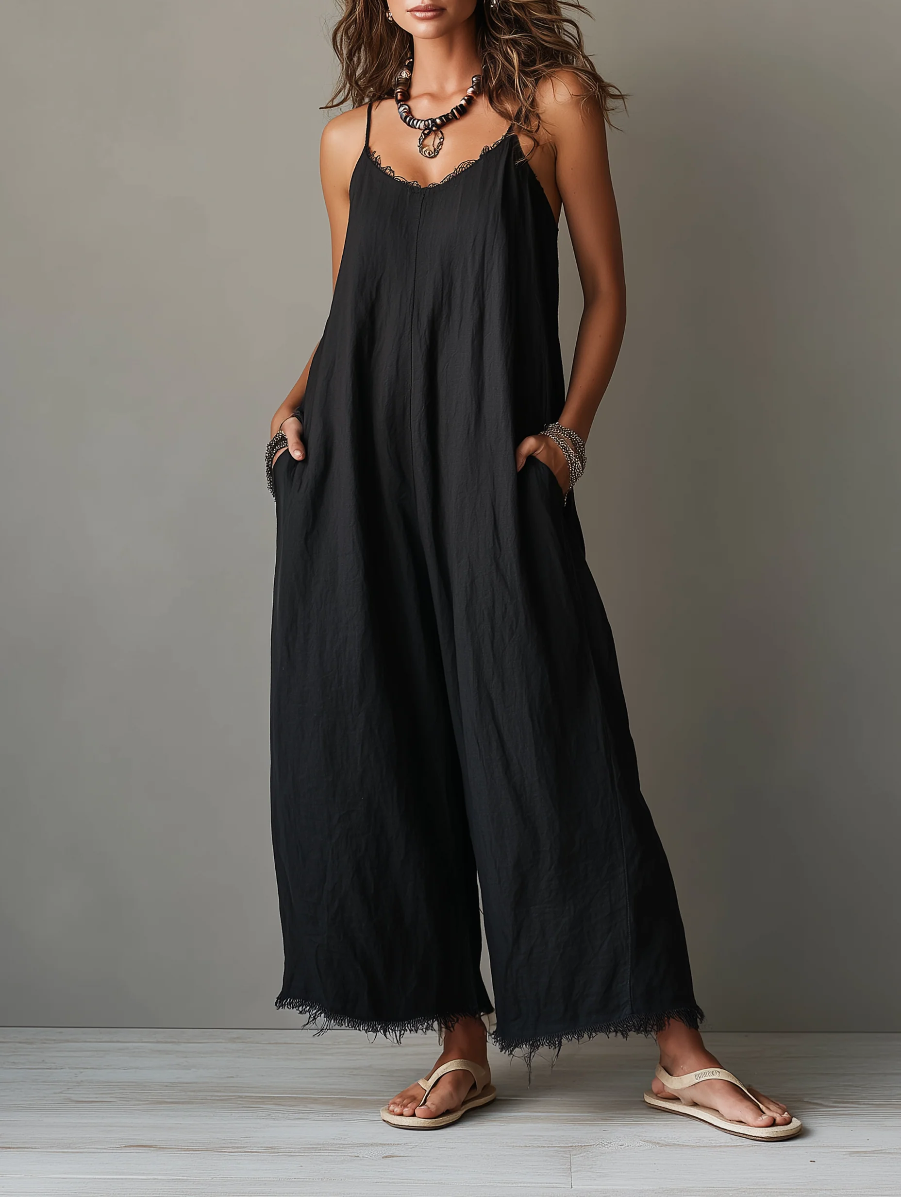 Women’s Black Casual Linen Blend Lace Trim V-Neck Spaghetti Strap Relaxed Ankle-Length Jumpsuit