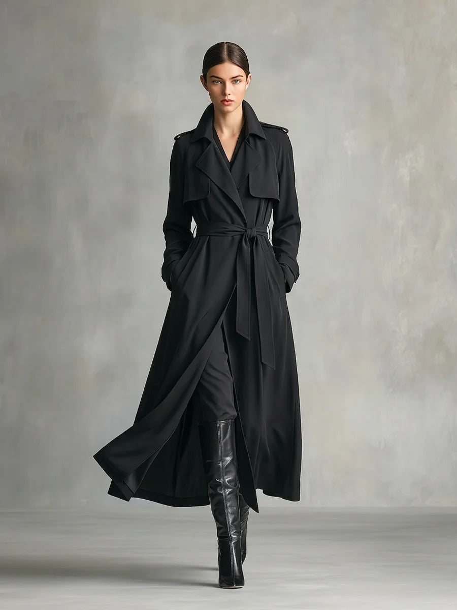 Women’s Black Elegant Cotton Blend Notch Lapel Long Sleeve Regular Maxi Trench Coat