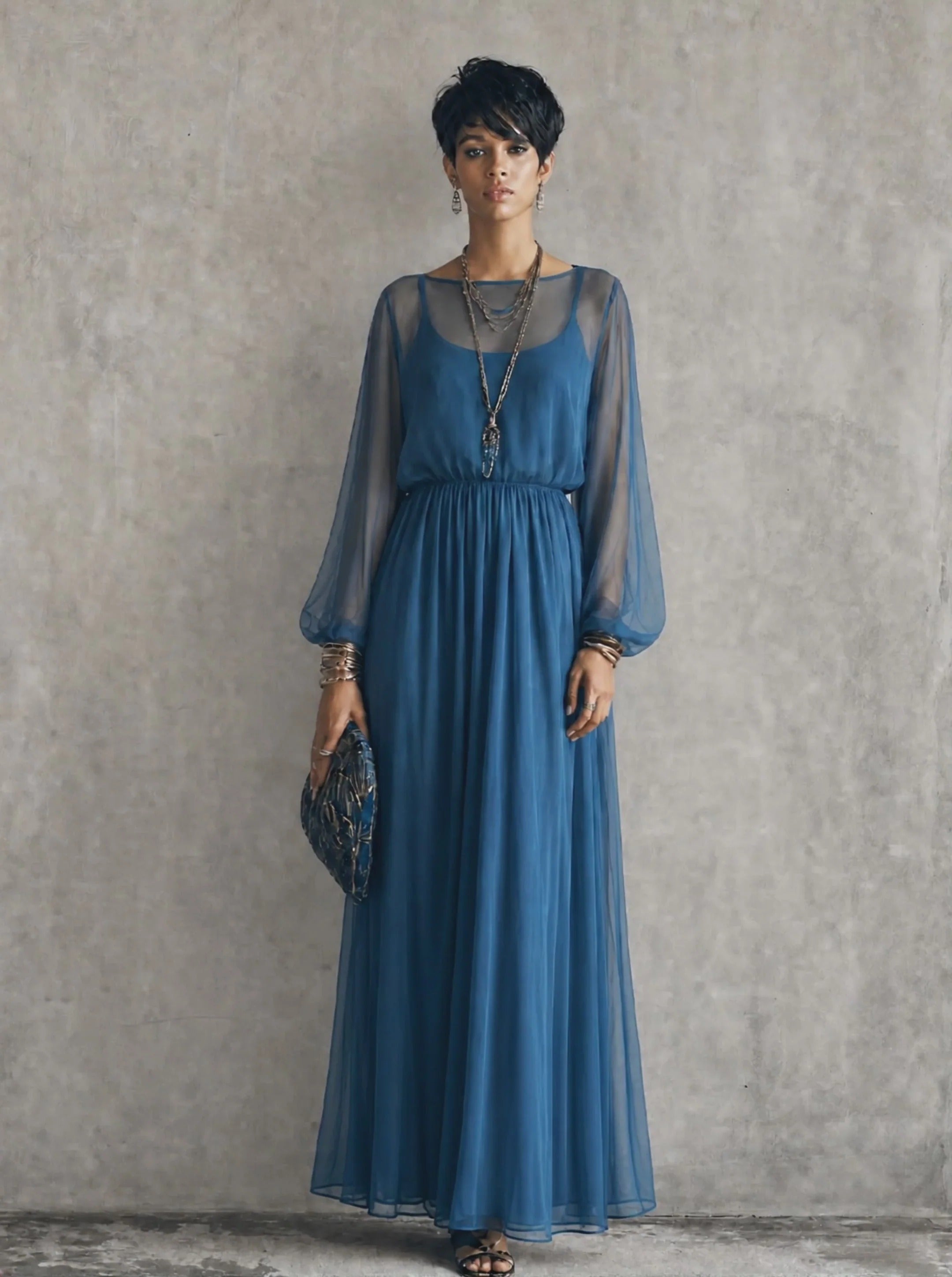 Women’s Blue Elegant Chiffon Round Neck Long Sleeve Regular Maxi Dress
