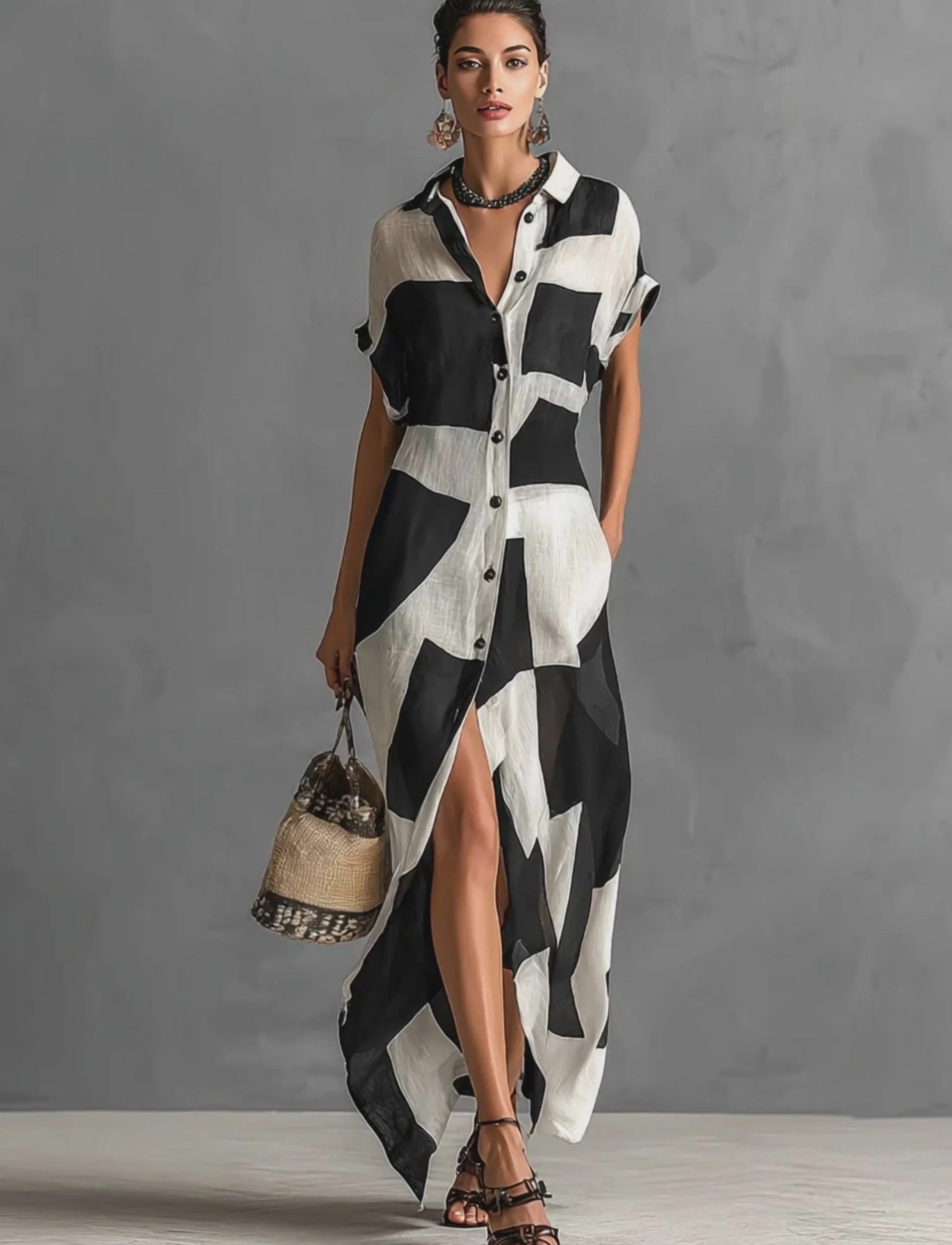 Women’s Black & White Minimalist Chiffon Shirt Collar Short Sleeve Relaxed Maxi Dress