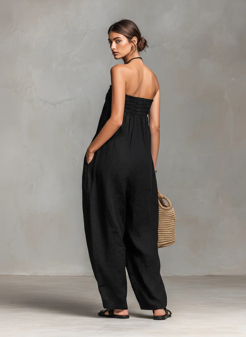 Women’s Black Minimalist Linen Blend Strapless Sleeveless Loose Full-Length Jumpsuit with Tie Front