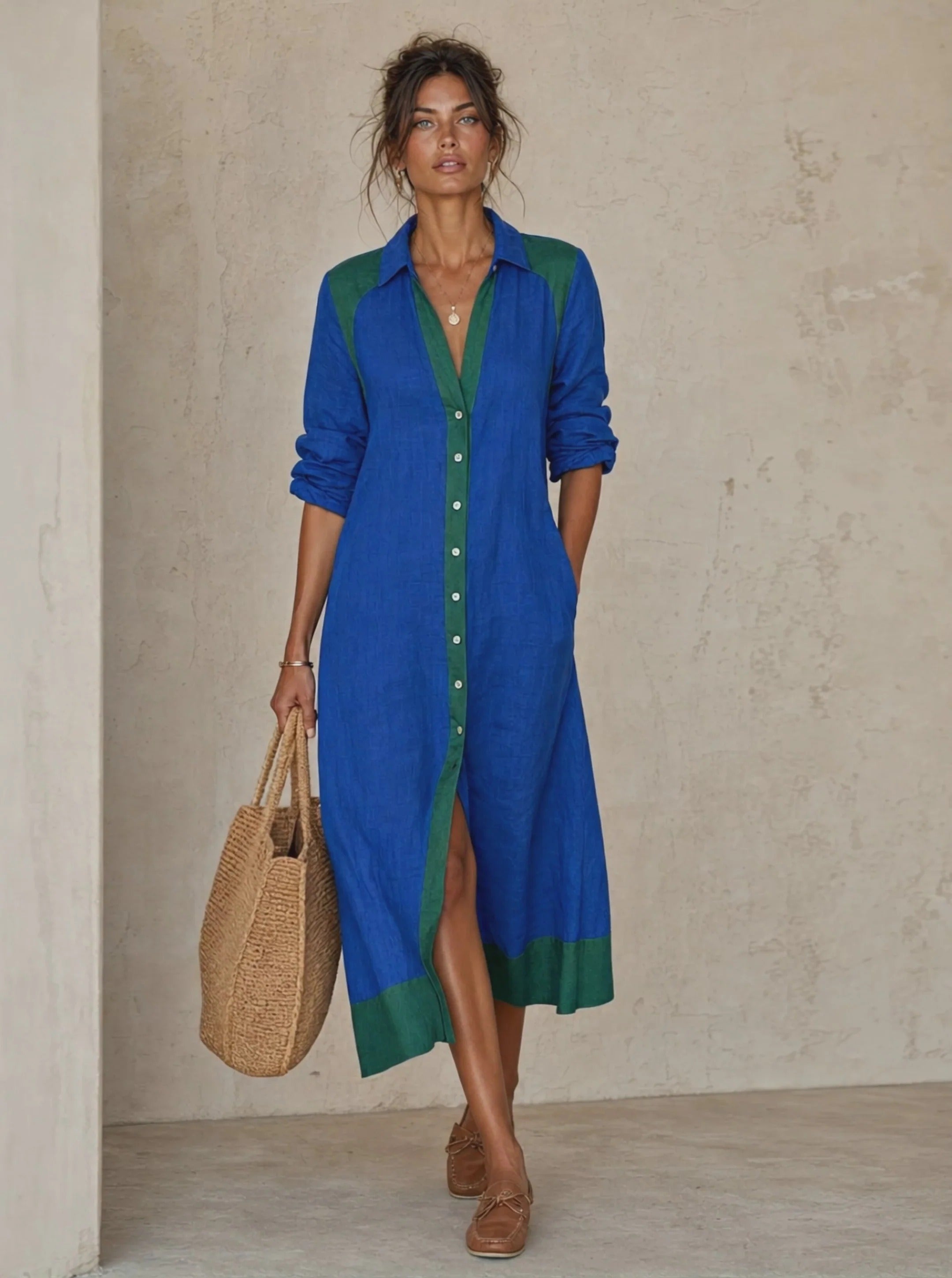 Women’s Blue Color-Block Blend Shirt Collar Long Sleeve Relaxed Midi Dress