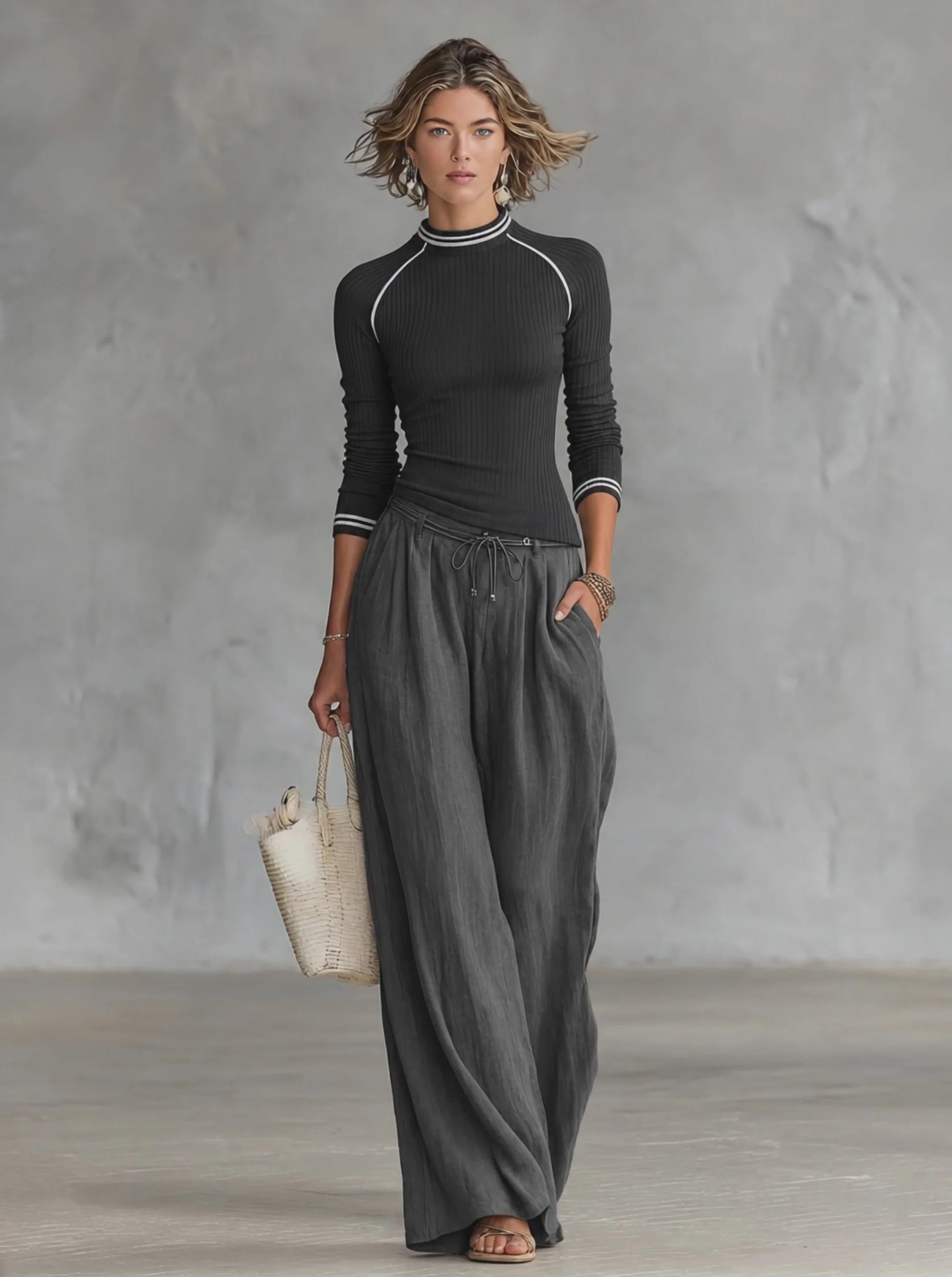 Women’s Black & Gray Casual Knit Crew Neck Long Sleeve Relaxed Two-Piece Set