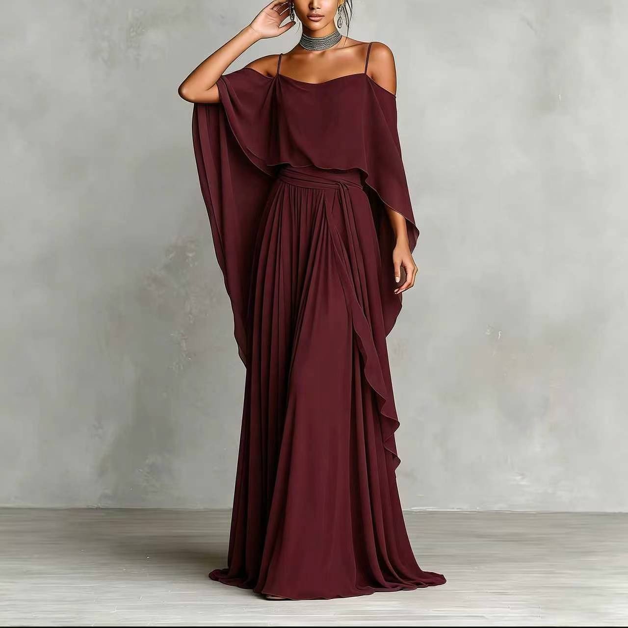 Women’s Gray Elegant Chiffon Cowl Neck Cold-Shoulder Regular Maxi Dress