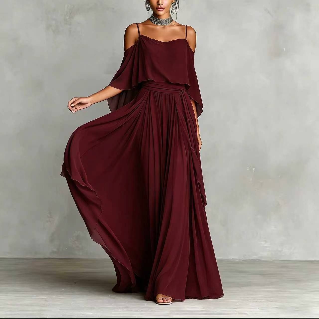 Women’s Gray Elegant Chiffon Cowl Neck Cold-Shoulder Regular Maxi Dress