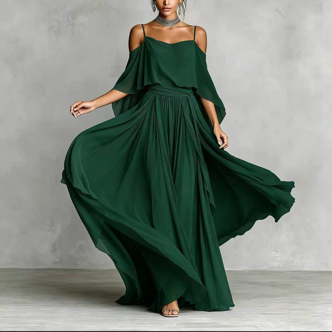 Women’s Gray Elegant Chiffon Cowl Neck Cold-Shoulder Regular Maxi Dress