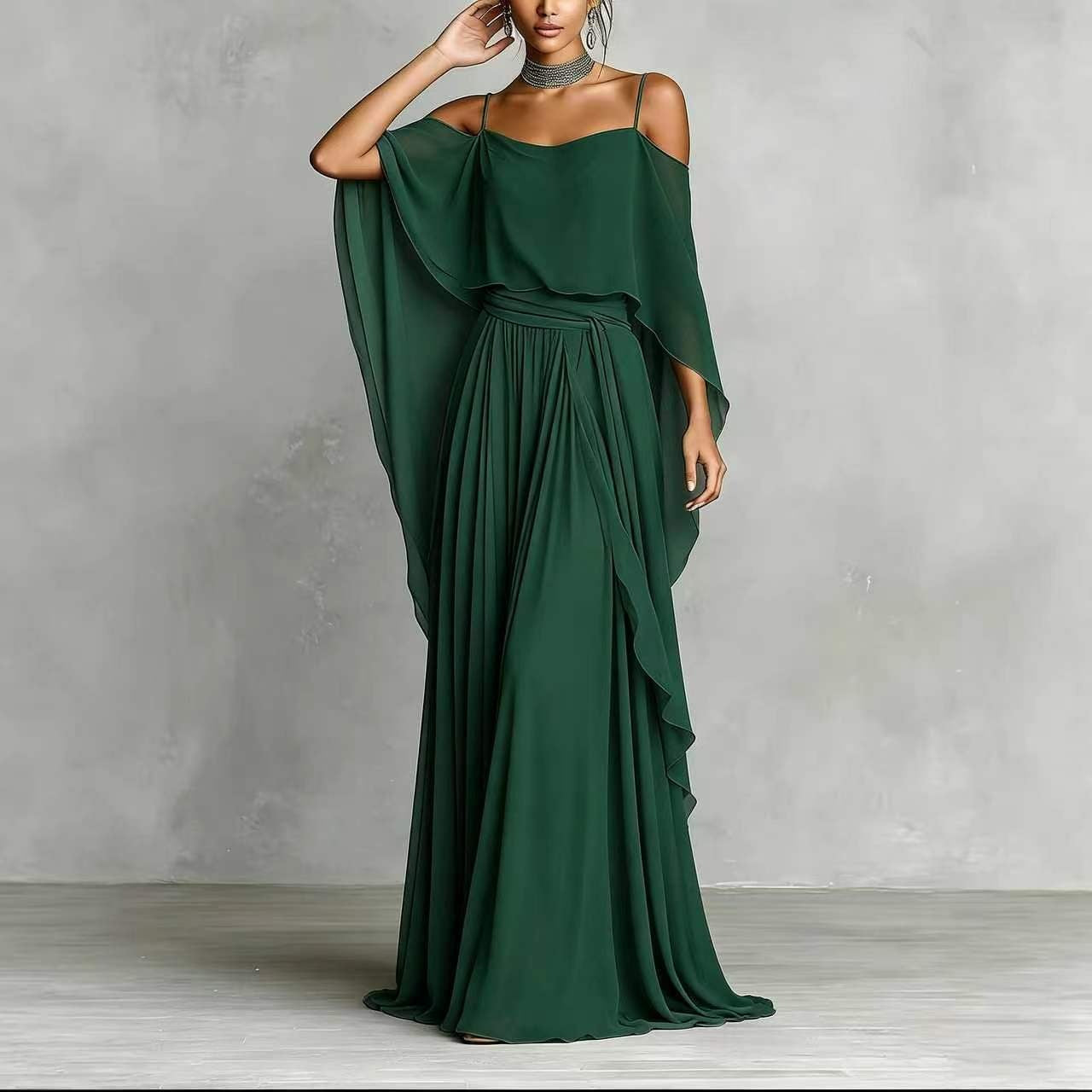 Women’s Gray Elegant Chiffon Cowl Neck Cold-Shoulder Regular Maxi Dress