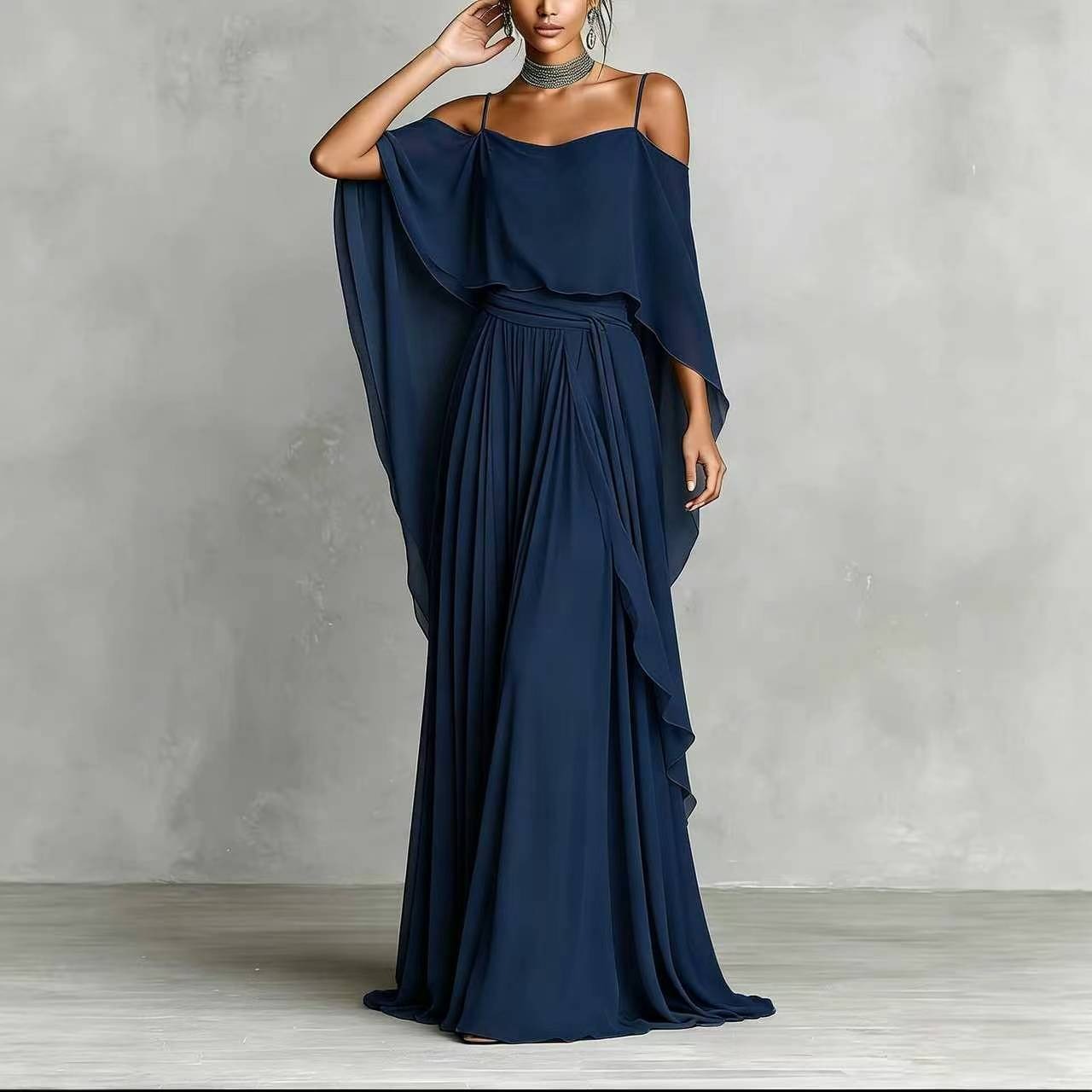 Women’s Gray Elegant Chiffon Cowl Neck Cold-Shoulder Regular Maxi Dress