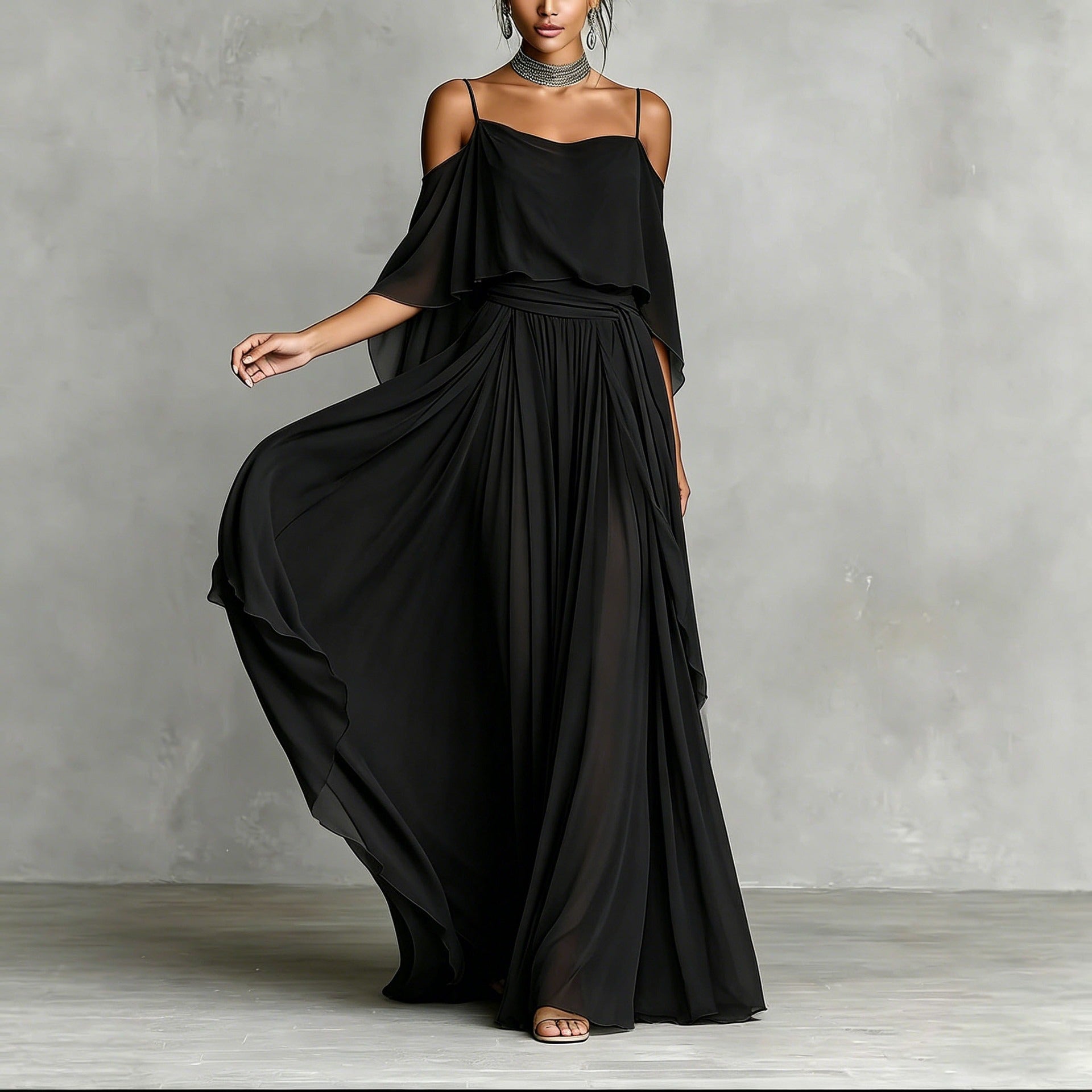 Women’s Gray Elegant Chiffon Cowl Neck Cold-Shoulder Regular Maxi Dress