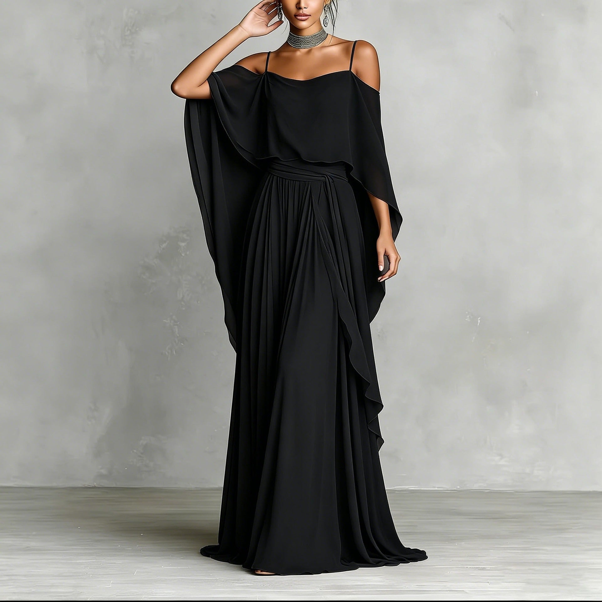 Women’s Gray Elegant Chiffon Cowl Neck Cold-Shoulder Regular Maxi Dress