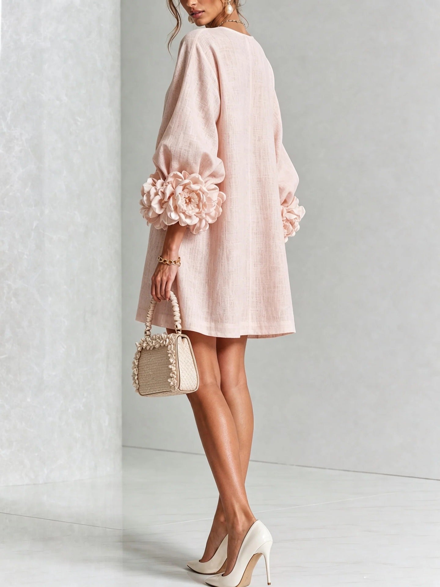 Women’s White Textured Floral Button Front Puff Sleeve Mini Dress