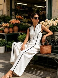 Women’s White Minimalist Linen Woven Collared V-Neck Sleeveless Relaxed Wide-Leg Jumpsuit