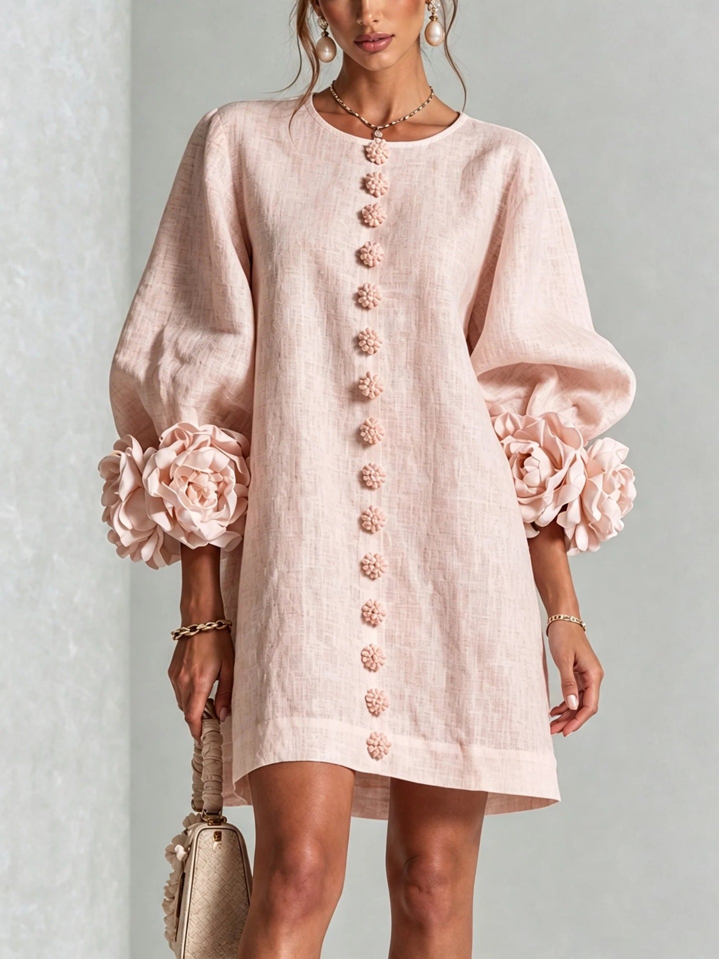 Women’s White Textured Floral Button Front Puff Sleeve Mini Dress