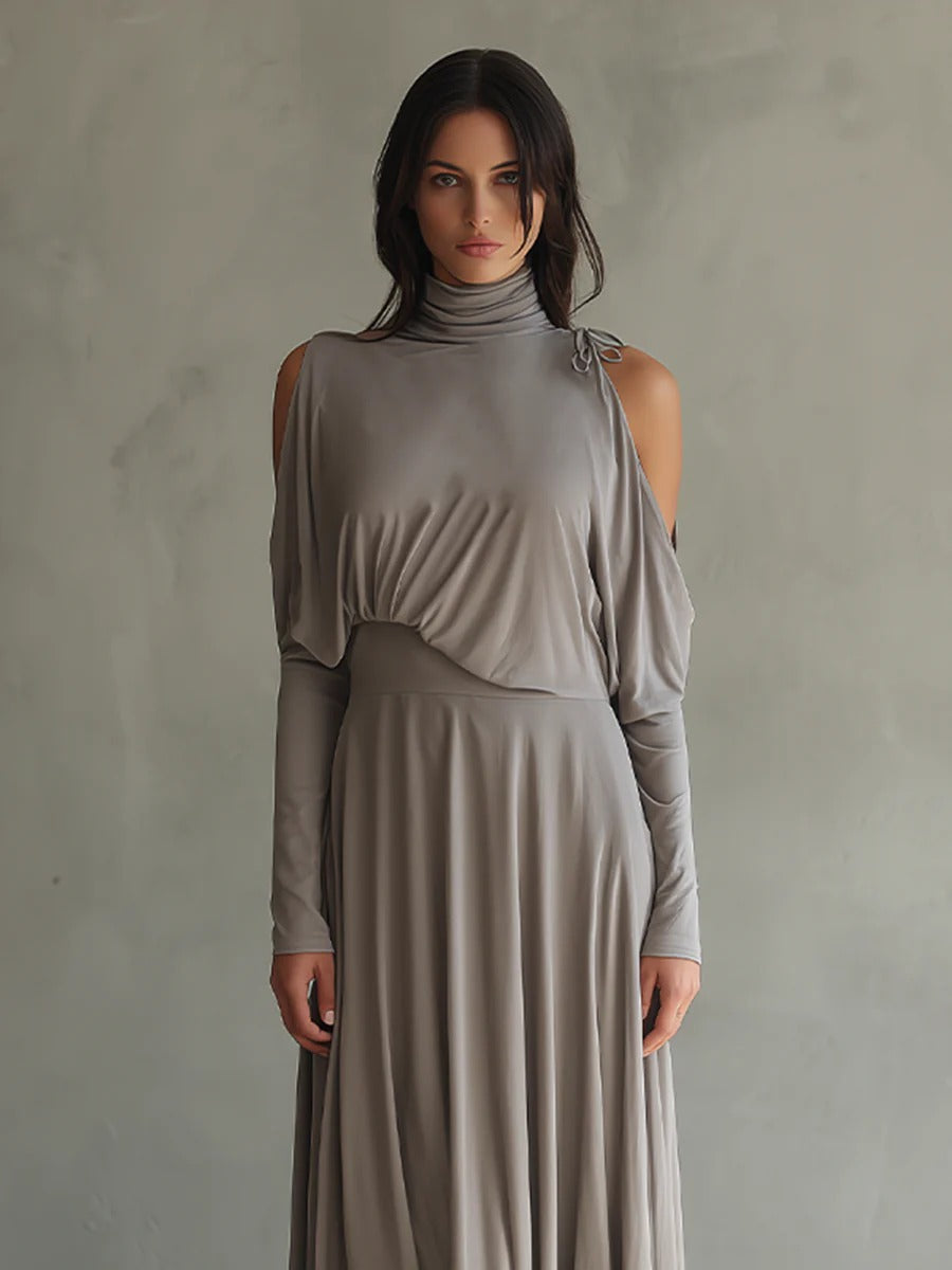 Women’s Taupe Elegant Stretch Turtleneck Long Sleeve Regular Maxi Dress