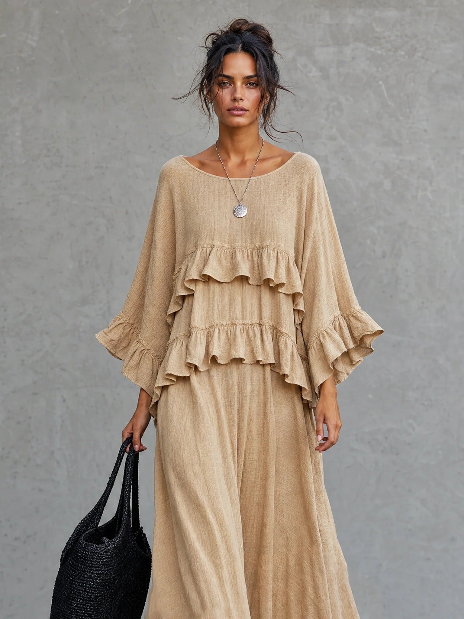Women’s Beige Bohemian Textured Woven Round Neck Three-Quarter Sleeve Relaxed Maxi Dress