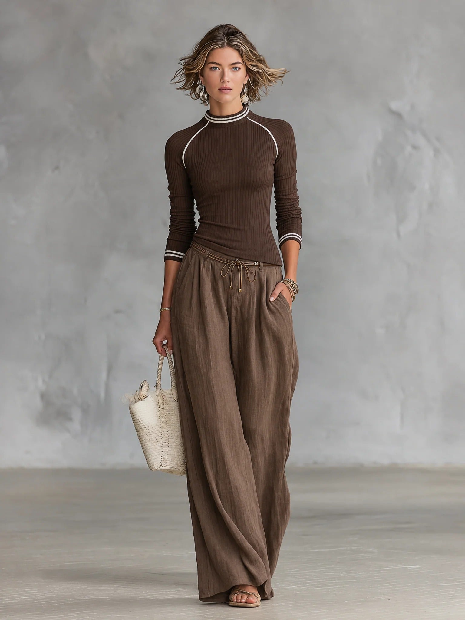 Women’s Black & Gray Casual Knit Crew Neck Long Sleeve Relaxed Two-Piece Set