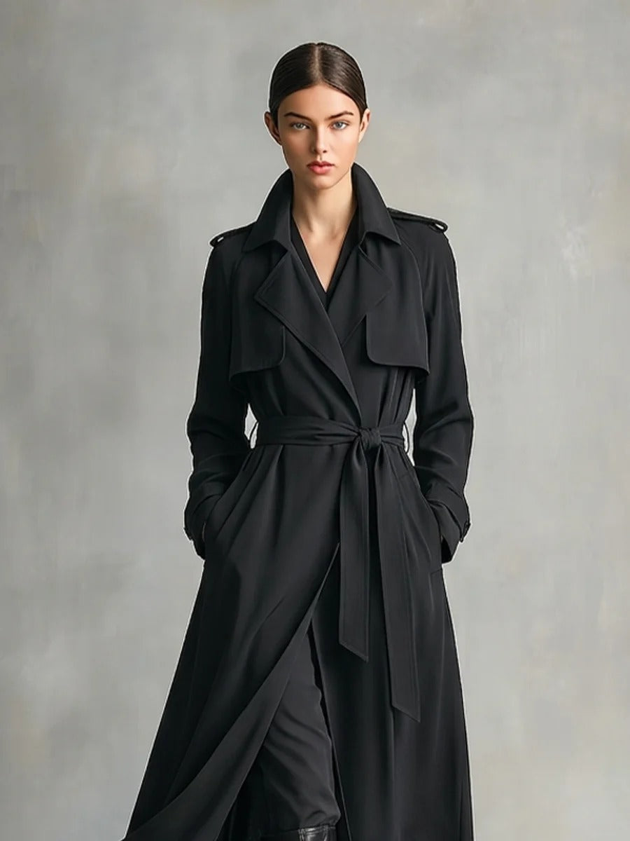 Women’s Black Elegant Cotton Blend Notch Lapel Long Sleeve Regular Maxi Trench Coat