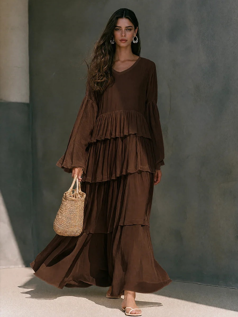 Women’s Brown Bohemian Chiffon V-Neck Long Sleeve Relaxed Maxi Dress