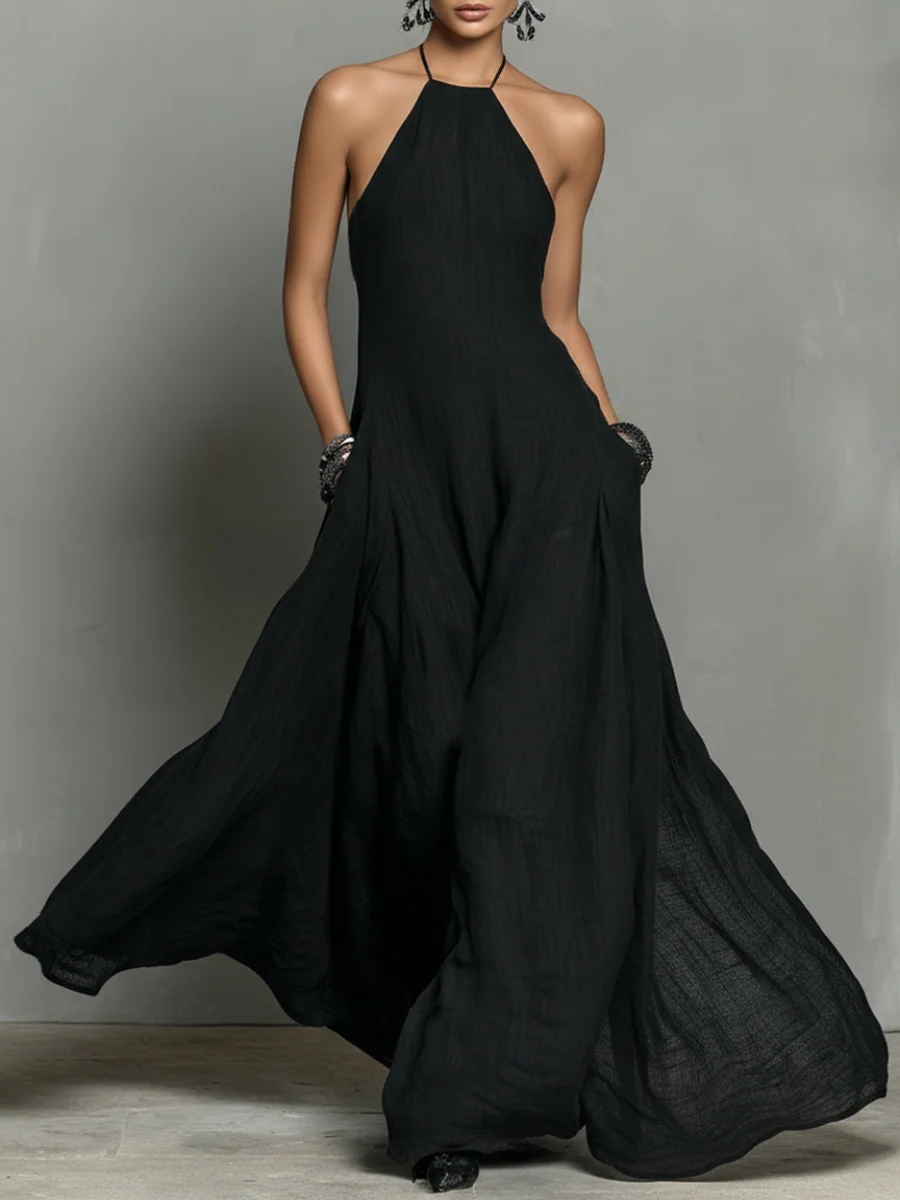 Women’s Black Minimalist Linen Blend Halter Neck Sleeveless Maxi Dress