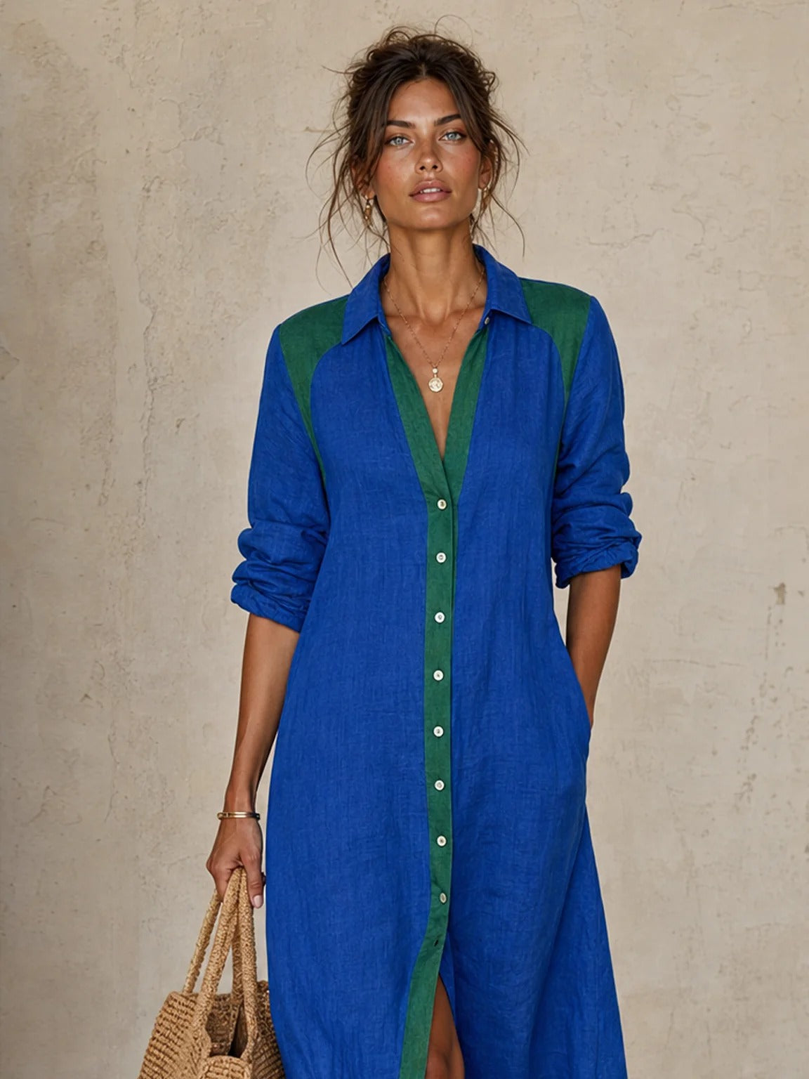 Women’s Blue Color-Block Blend Shirt Collar Long Sleeve Relaxed Midi Dress