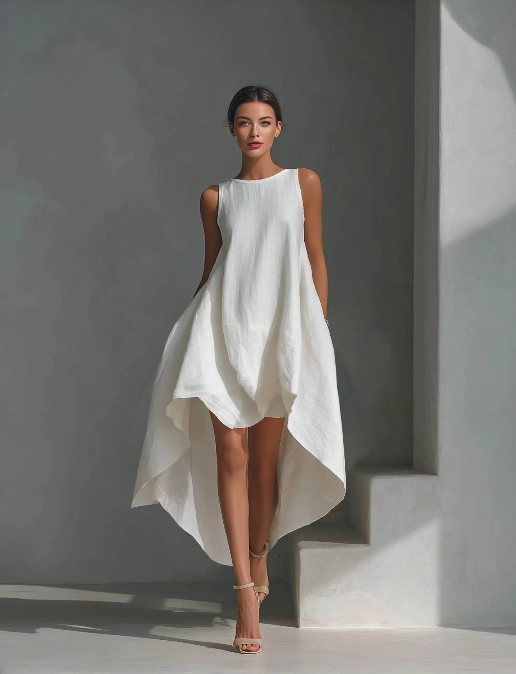 Women’s White Minimalist Linen-Blend Round Neck Sleeveless Relaxed High-Low Dress