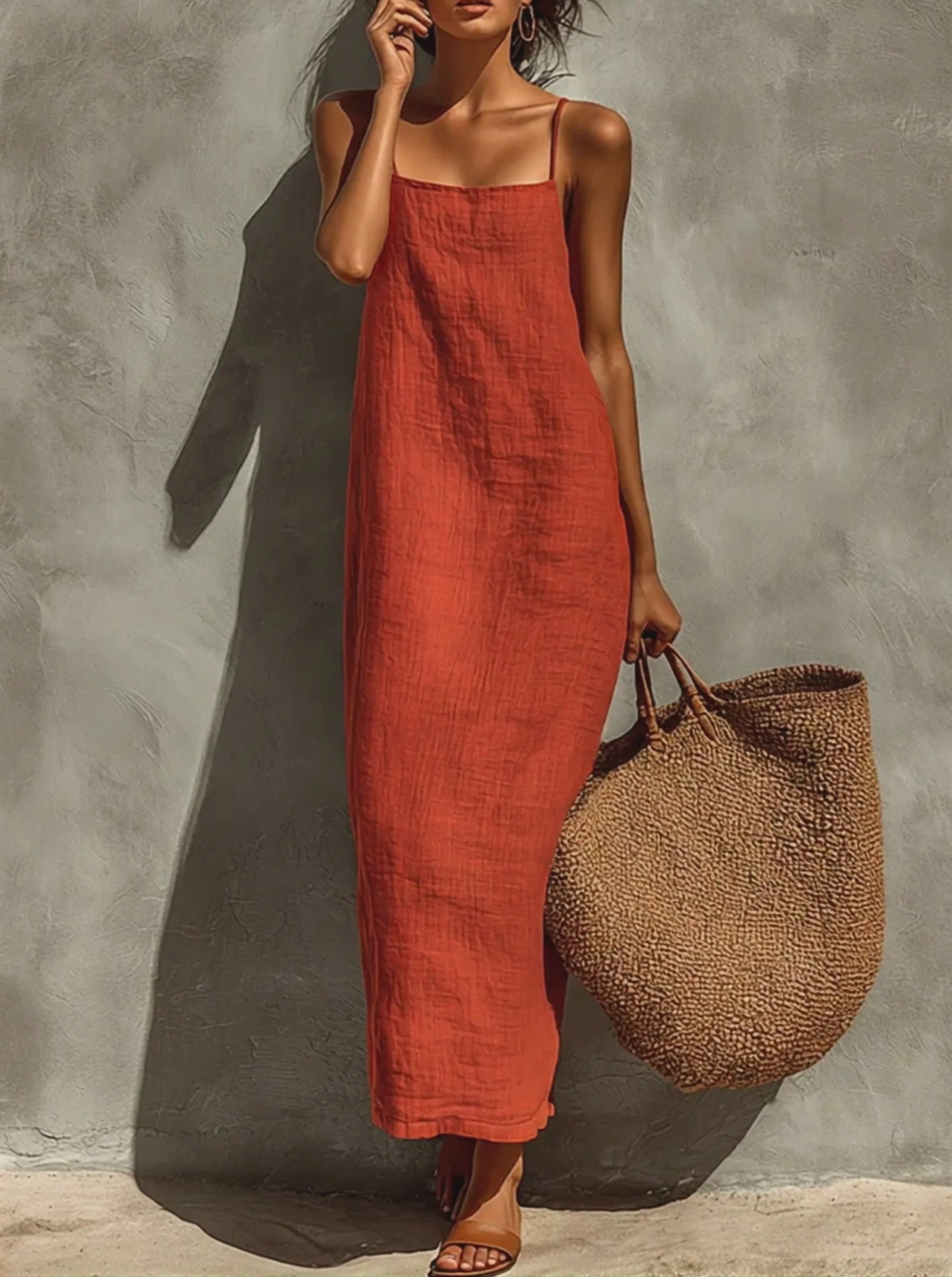 Women’s Rust Orange Vacation Linen-Blend Square Neck Spaghetti Strap Loose Fit Maxi Dress