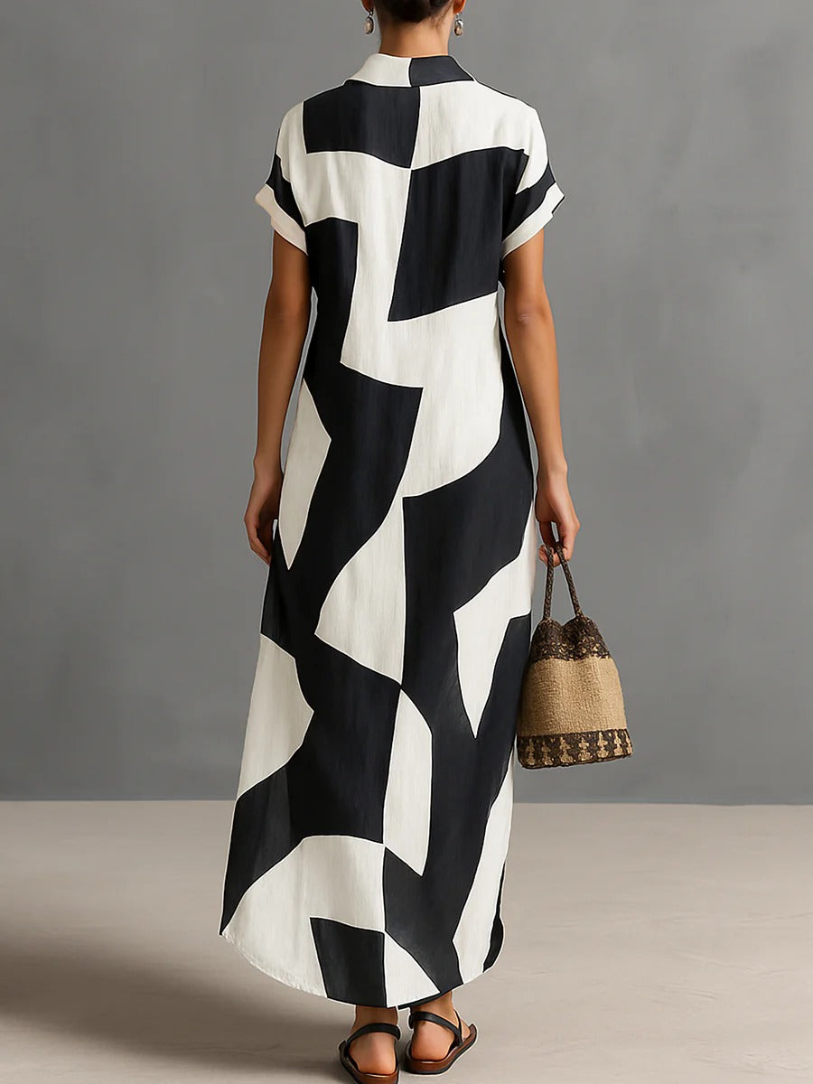 Women’s Black & White Minimalist Chiffon Shirt Collar Short Sleeve Relaxed Maxi Dress