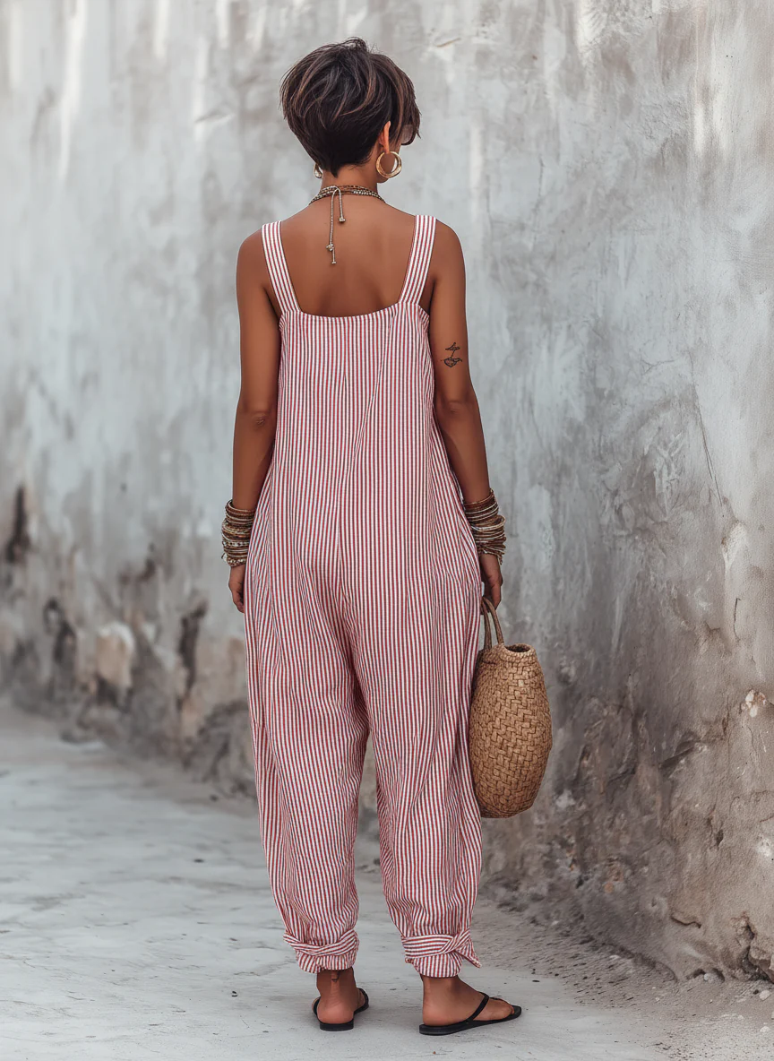 Women’s Striped Bohemian Square Neck Sleeveless Relaxed Ankle-Length Jumpsuit