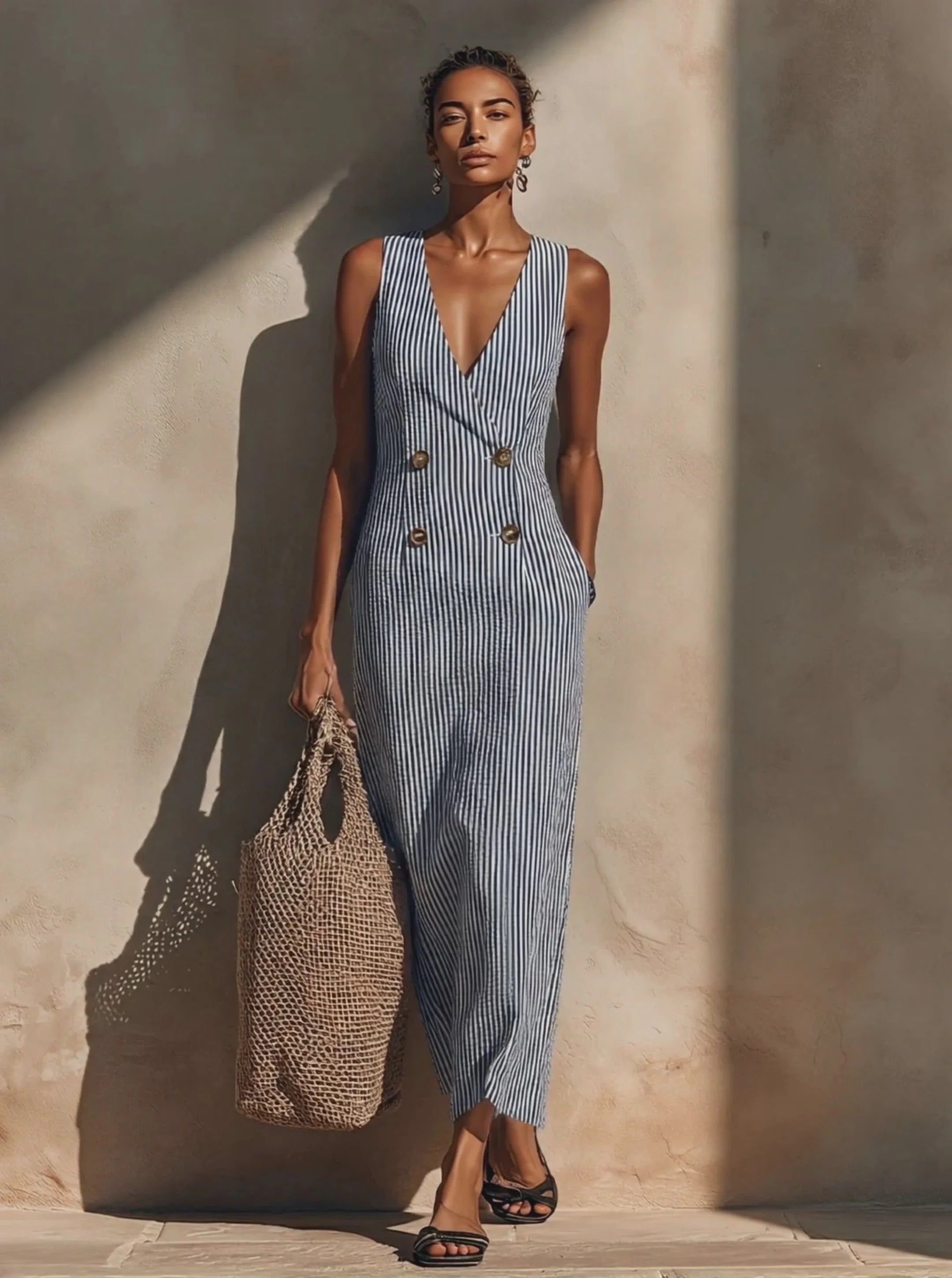 Women’s Blue Striped Coastal Cotton-blend V-Neck Sleeveless Slim Full-Length Jumpsuit