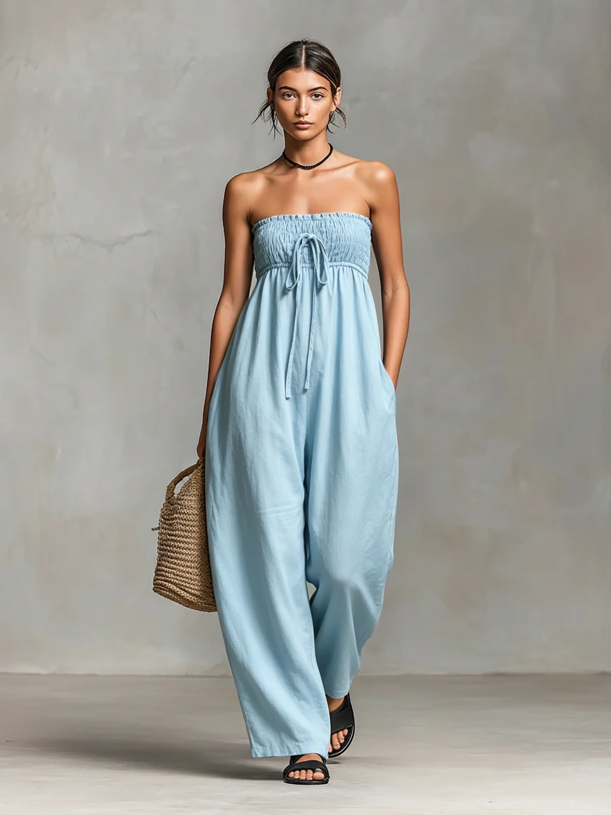 Women’s Black Minimalist Linen Blend Strapless Sleeveless Loose Full-Length Jumpsuit with Tie Front