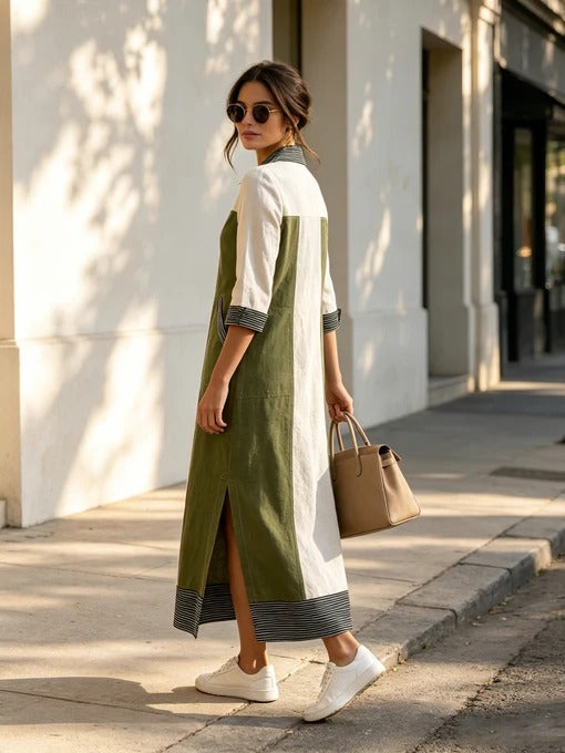 Women’s Green Color-Block Collared V-Neck Three-Quarter Sleeve Relaxed Maxi Dress