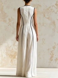 Women’s White Minimalist Linen Woven Collared V-Neck Sleeveless Relaxed Wide-Leg Jumpsuit
